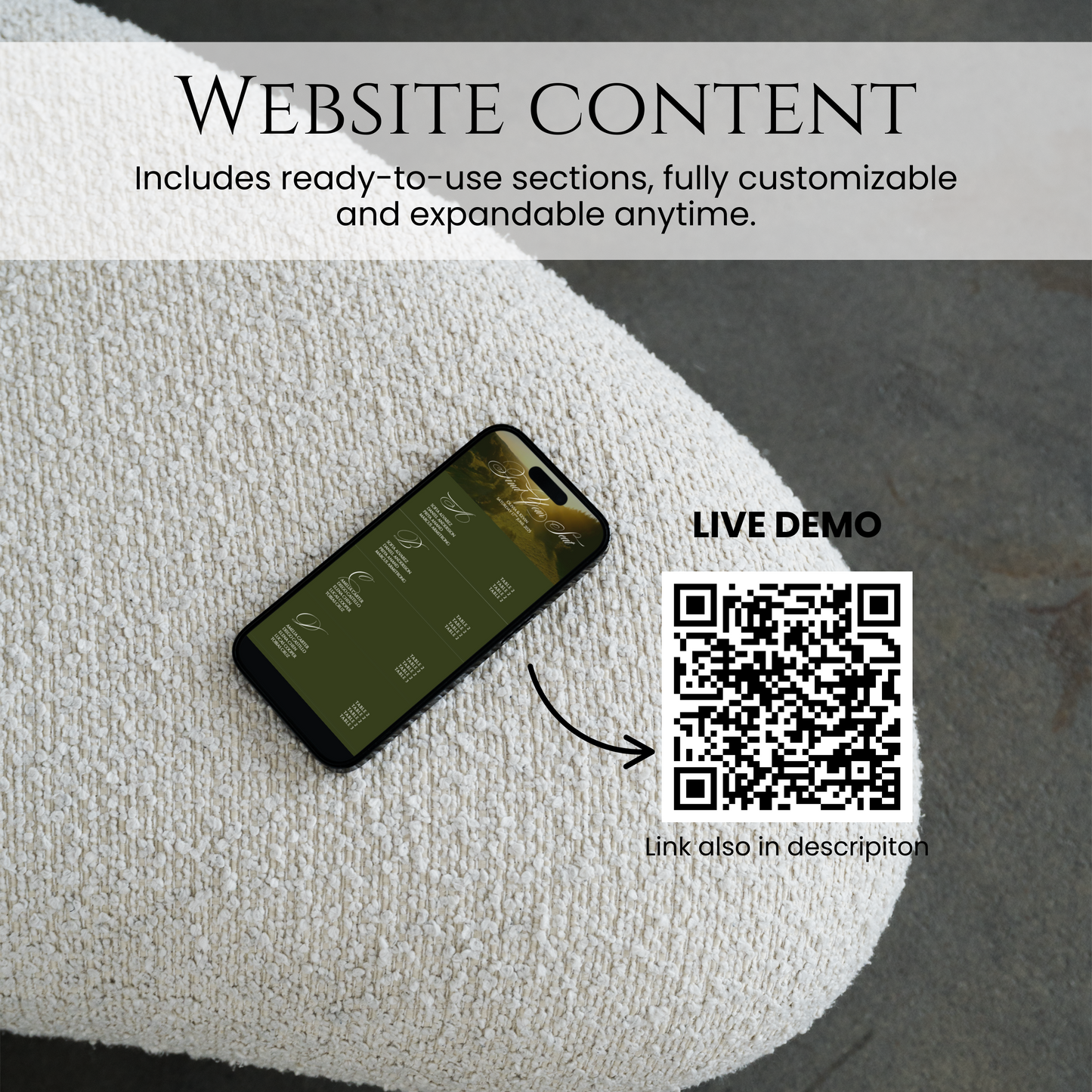 Website content preview with qr code wedding seating chart green countryside old money design