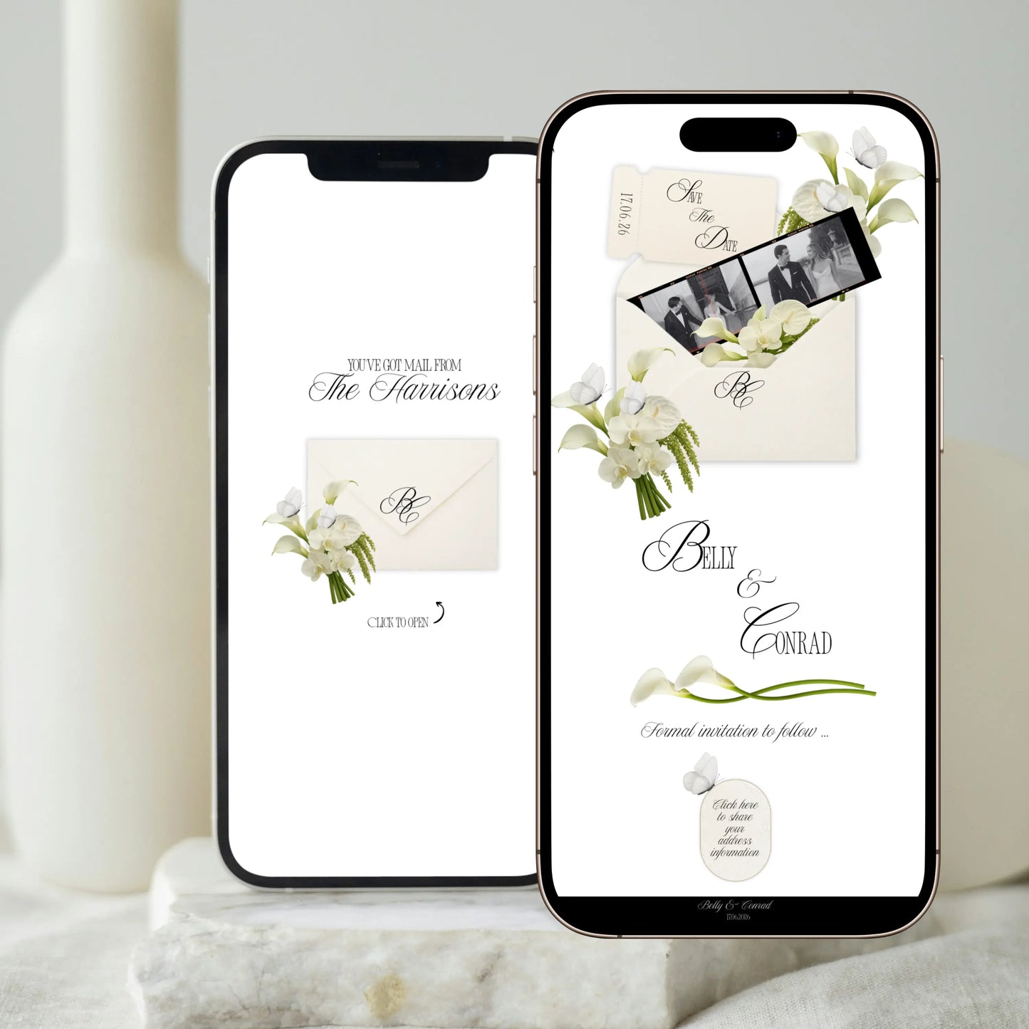 Animated envelope save the date wedding website on mobile