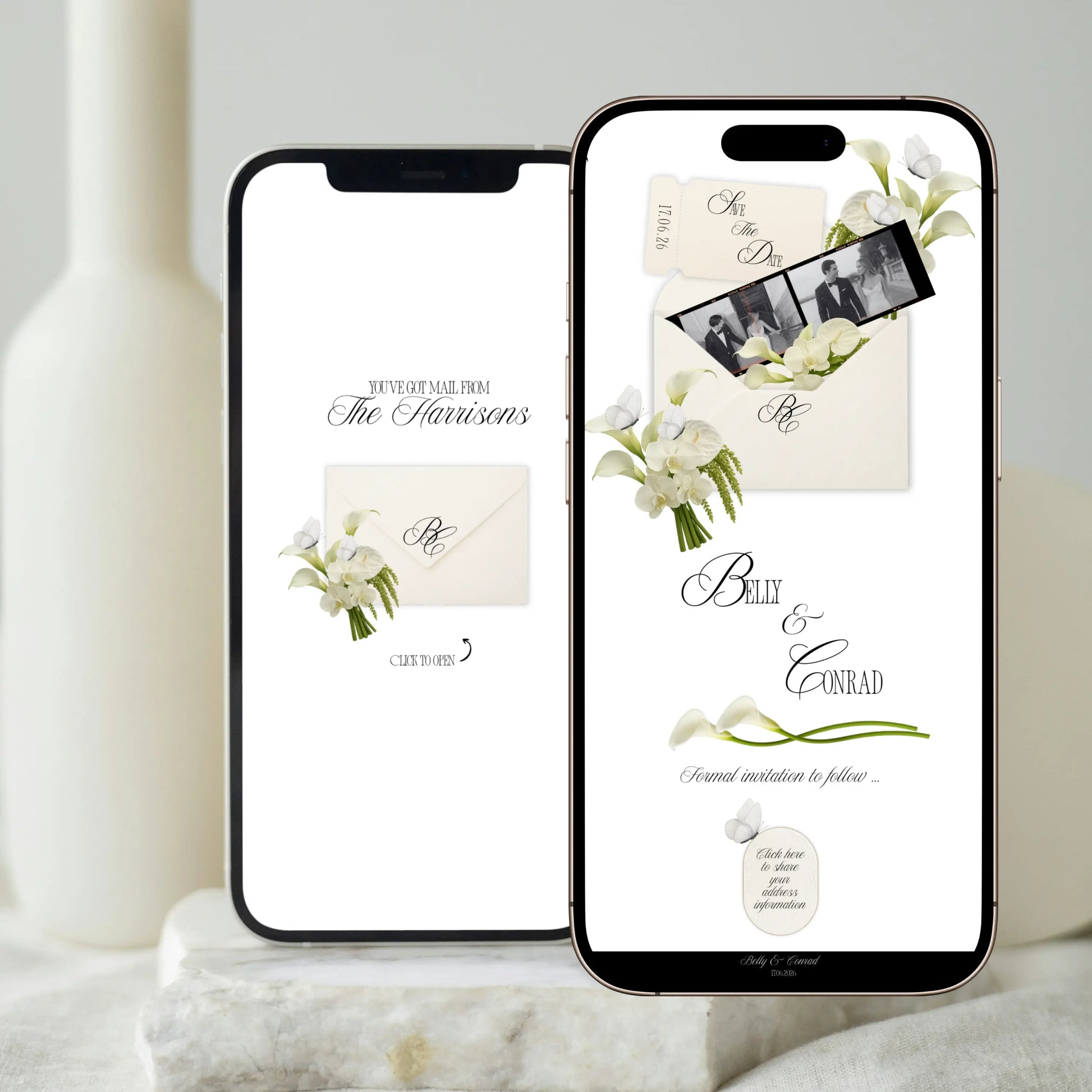 Animated envelope save the date wedding website on mobile