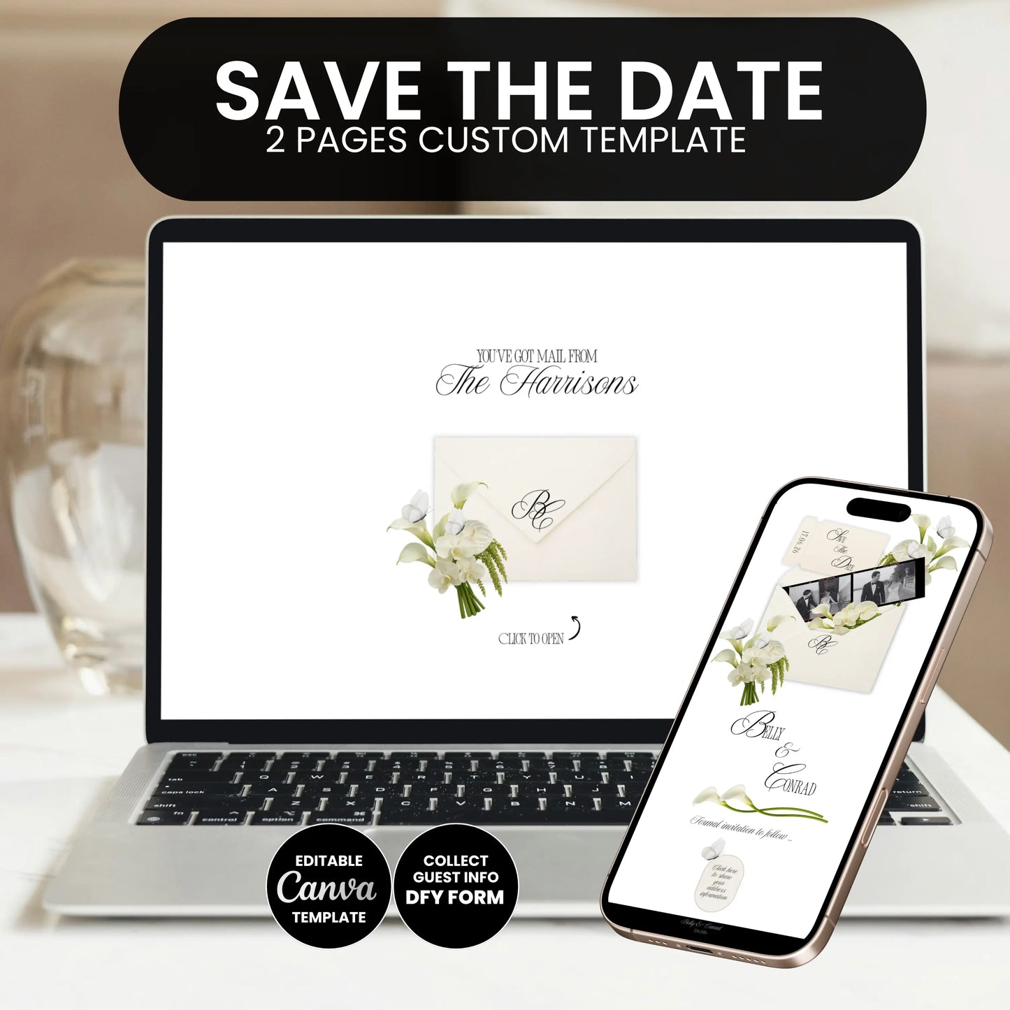 Animated envelope wedding website responsive preview