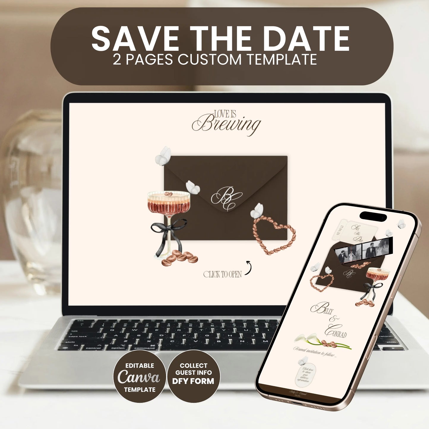 Animated save the date wedding website on laptop and phone