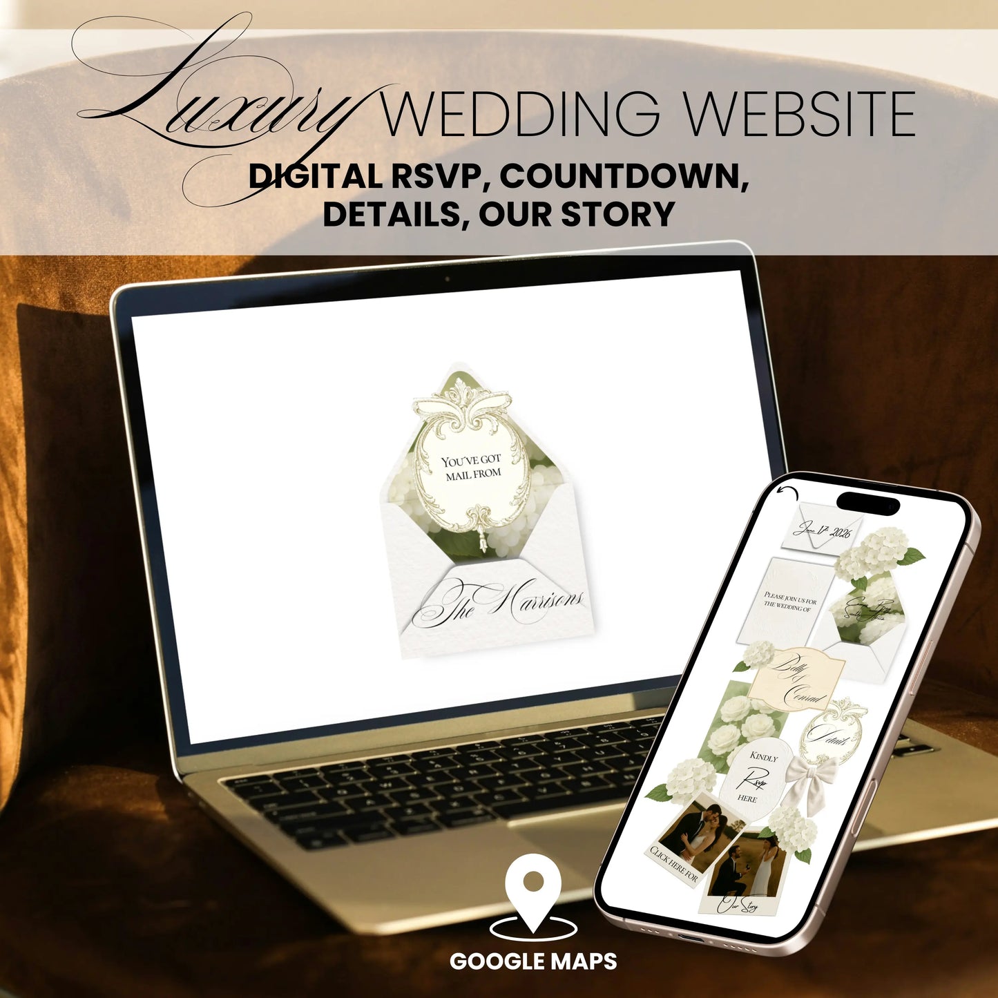 Wedding website content sections including RSVP and Google Maps