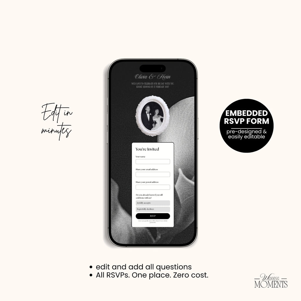 Save the Date Website Template | Floral Black and White Old Money E002 Wedding Moments Digital Download Wedding Moments