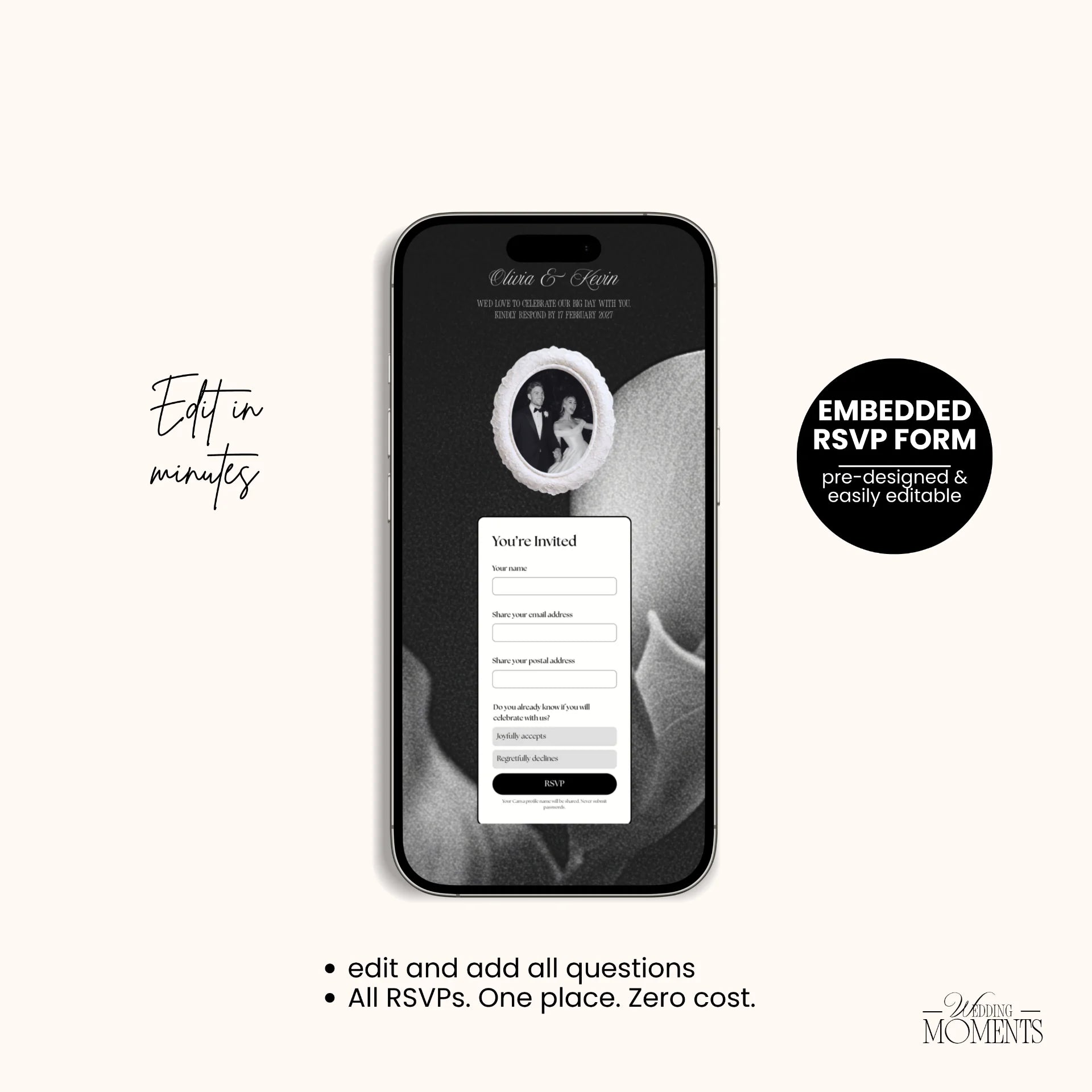 Save the Date Website Template | Floral Black and White Old Money E002 Wedding Moments Digital Download Wedding Moments