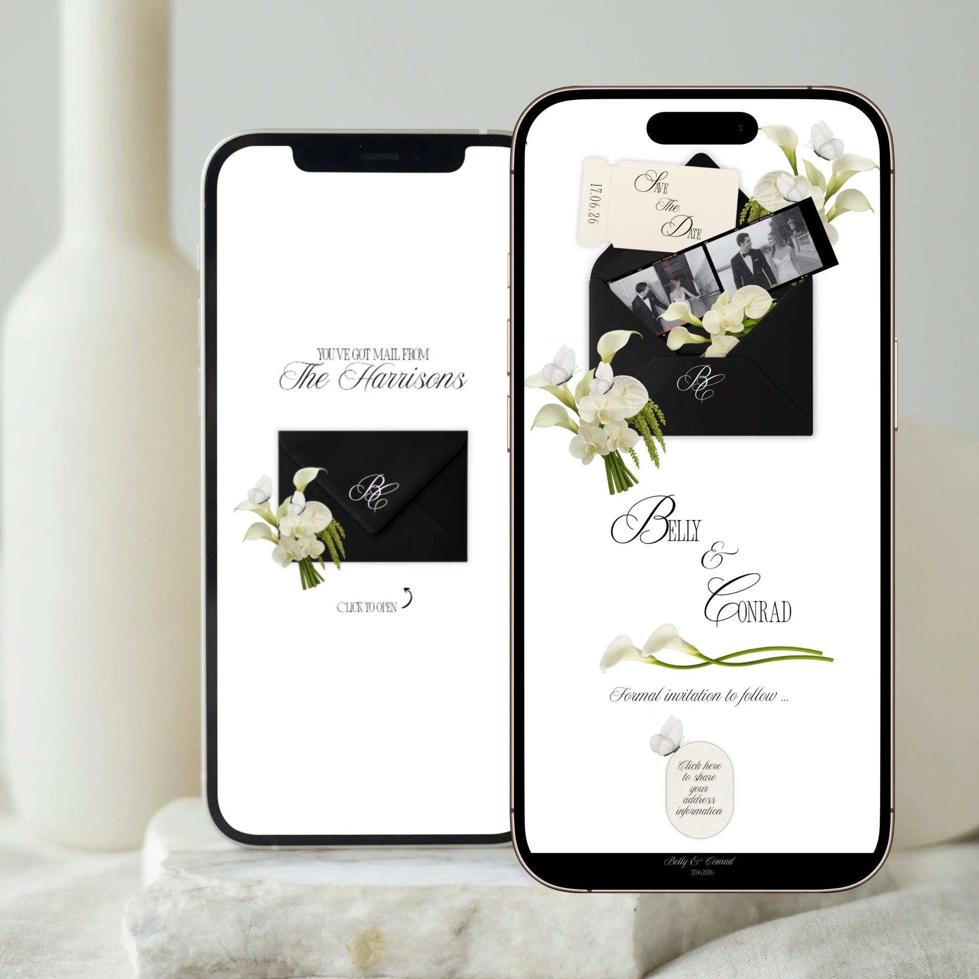Black animated envelope wedding website template preview on mobile and desktop