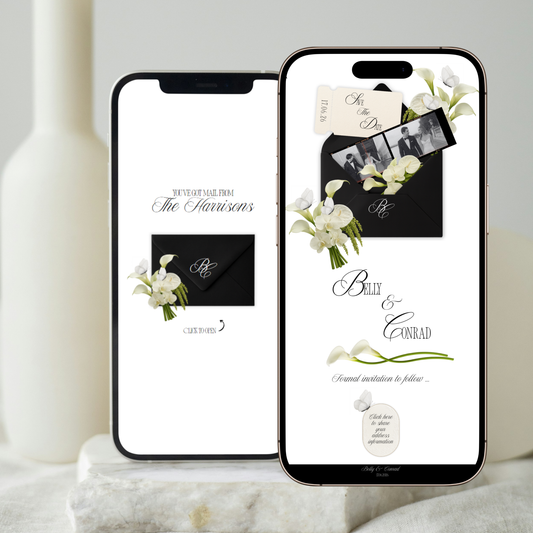 Black animated envelope wedding website template preview on mobile and desktop
