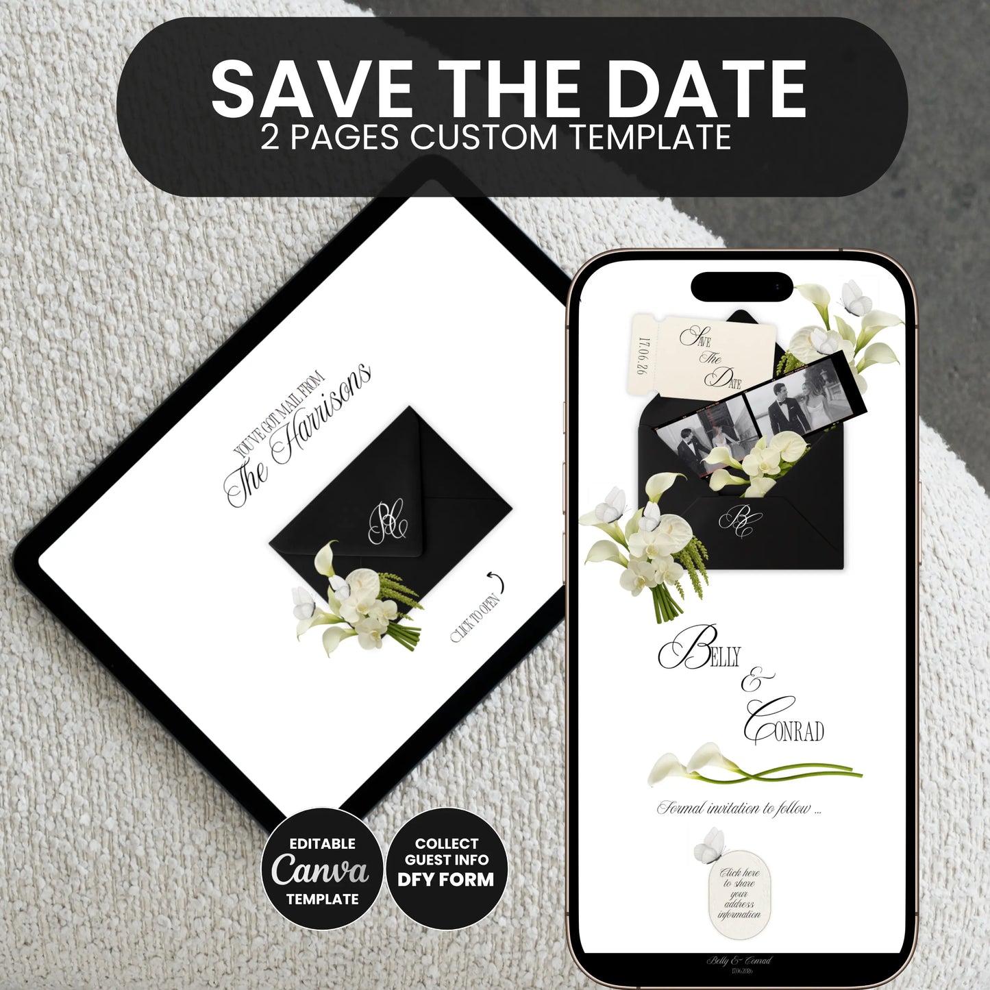 Black save the date wedding website Canva template with animated envelope