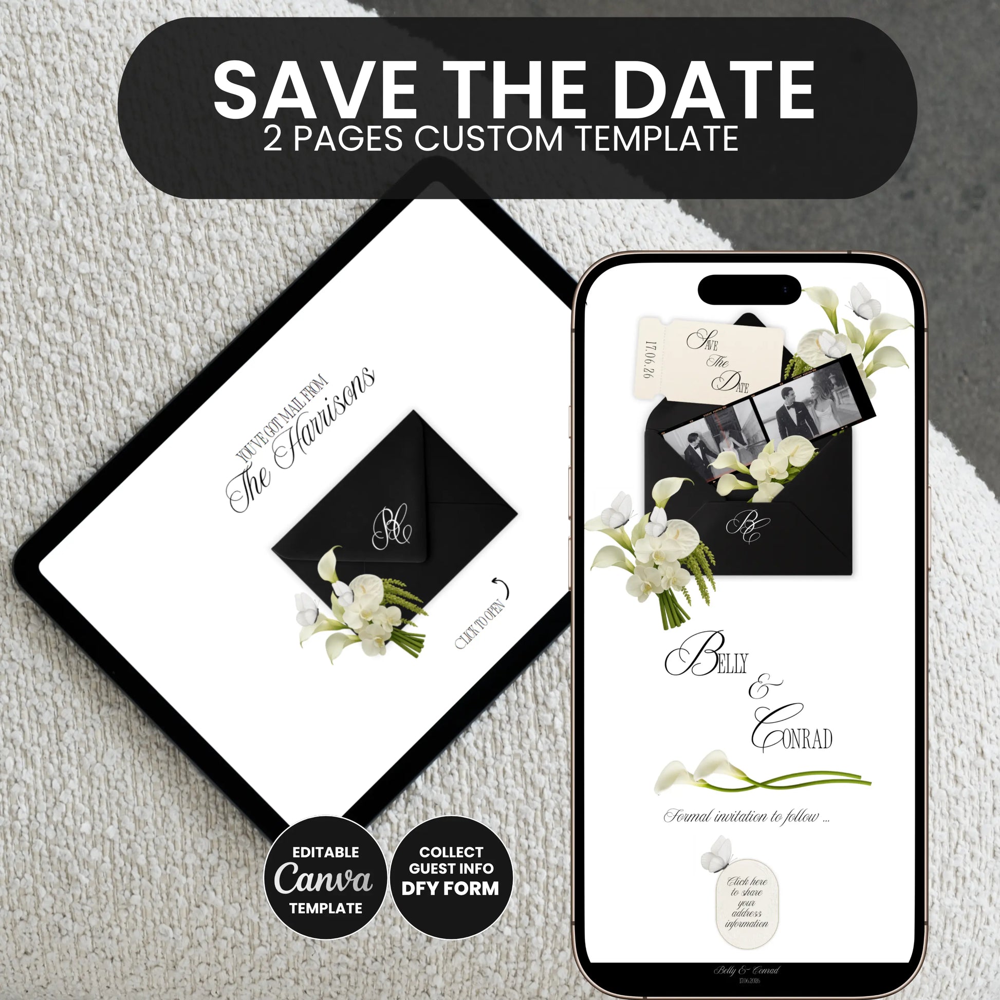 Black save the date wedding website Canva template with animated envelope