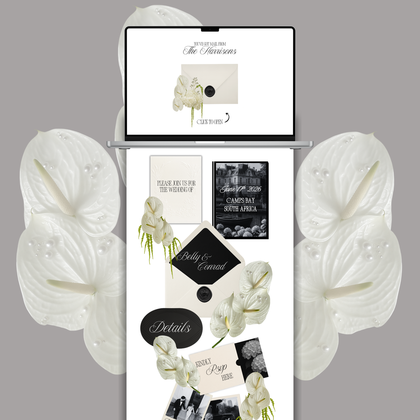 Luxury black and white wedding website with interactive envelope and white floral accents on iPhone.