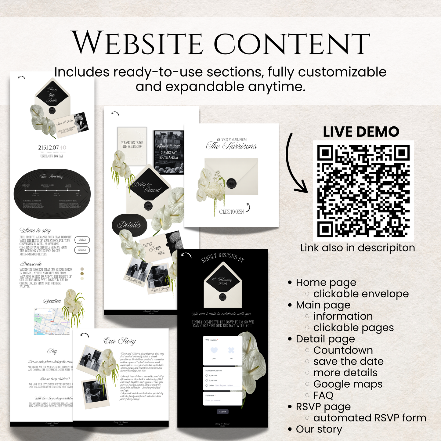 Full website content overview for a black and white floral wedding with a QR code for a live interactive demo.
