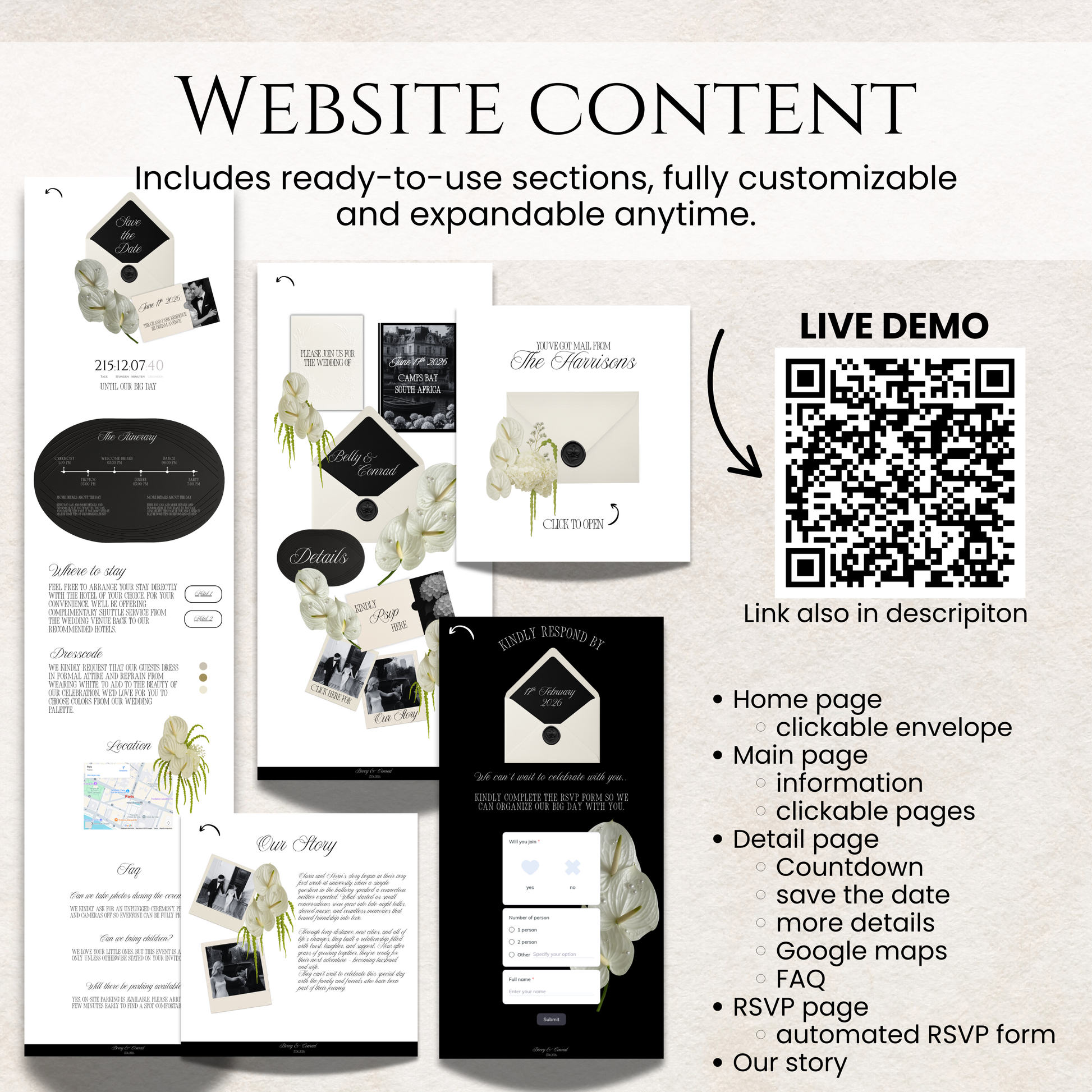Full website content overview for a black and white floral wedding with a QR code for a live interactive demo.