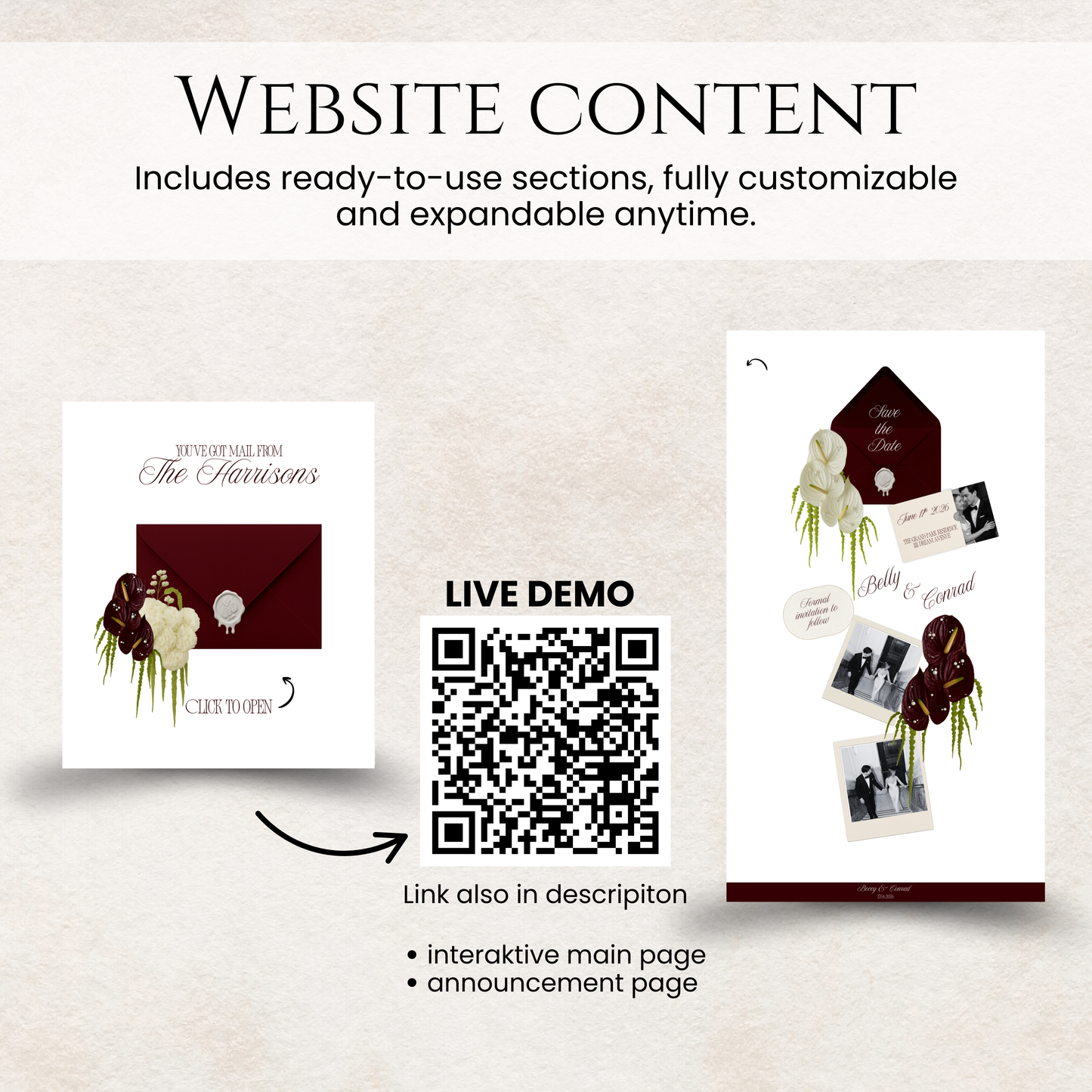 Overview of burgundy save the date website content sections with a live demo QR code, featuring interactive pages.