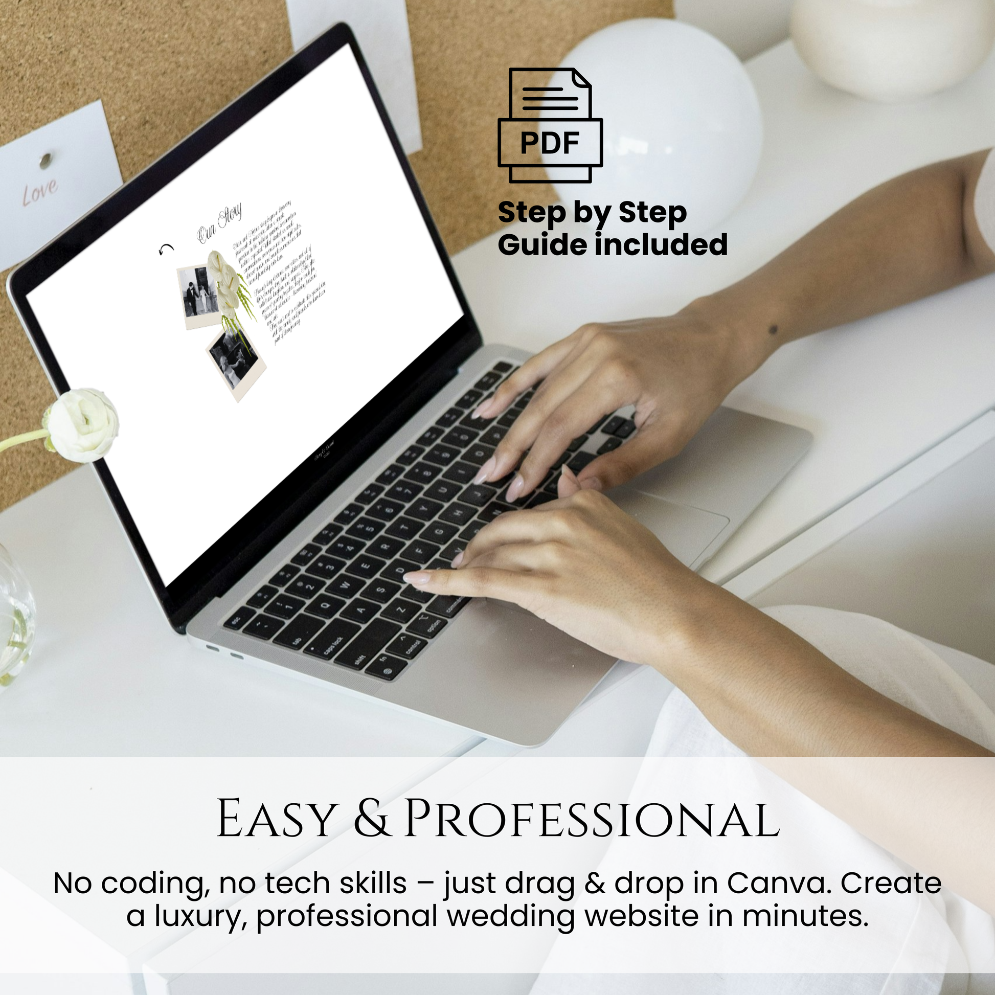 User customizing a professional black and white floral wedding website in Canva on a laptop with a PDF guide.
