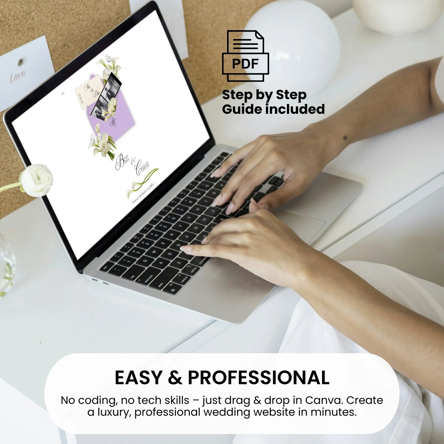 Canva wedding website template with drag and drop editing on laptop