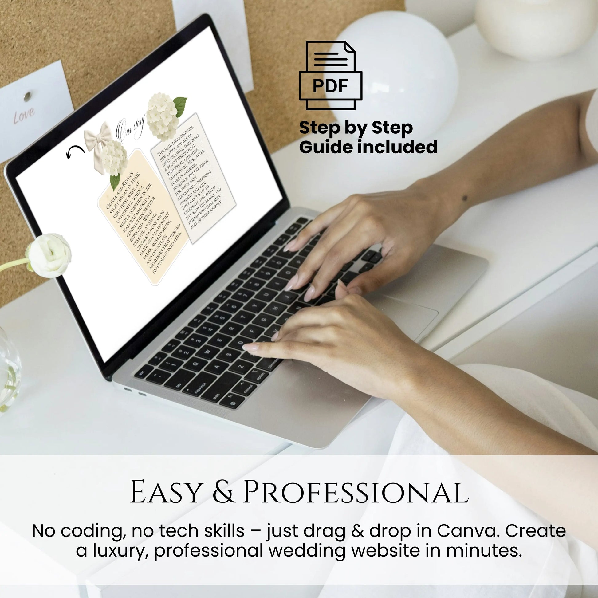 Editing a luxury wedding website template in Canva on laptop