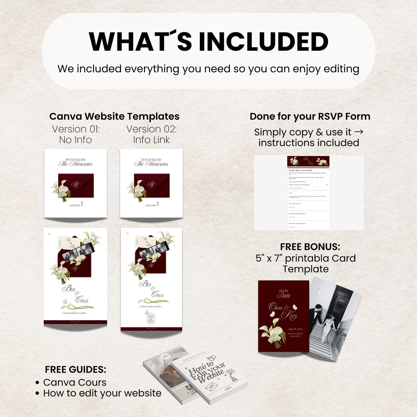 Canva wedding website template pages and RSVP form