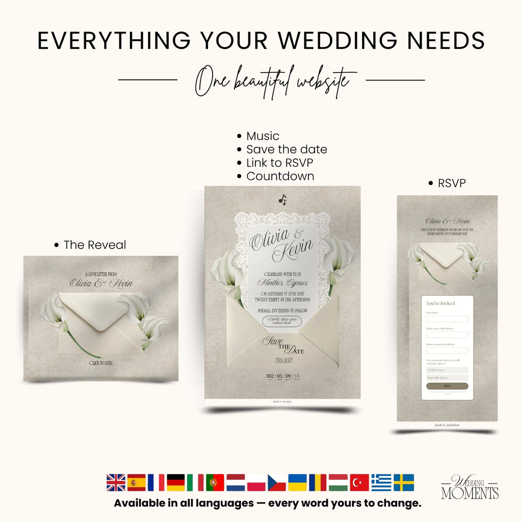 Save the Date Website Template | Floral Ivory Envelope Old Money A001_2 Wedding Moments Digital Download Wedding Moments