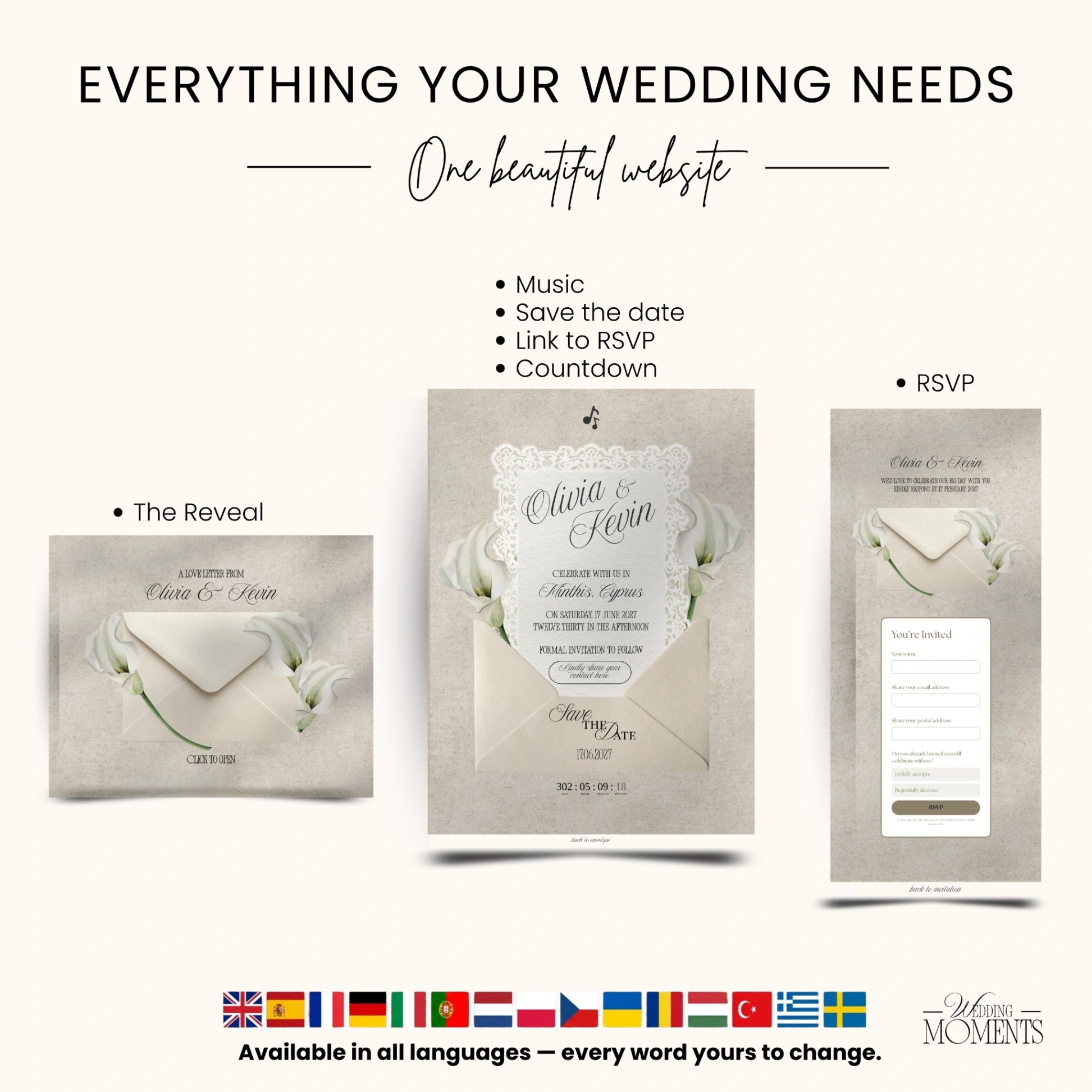 Save the Date Website Template | Floral Ivory Envelope Old Money A001_2 Wedding Moments Digital Download Wedding Moments