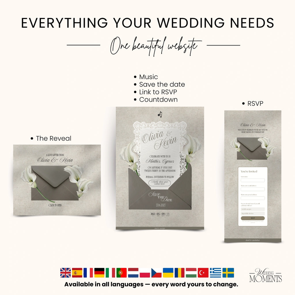 Save the Date Website Template | Floral Greige Envelope Old Money A001