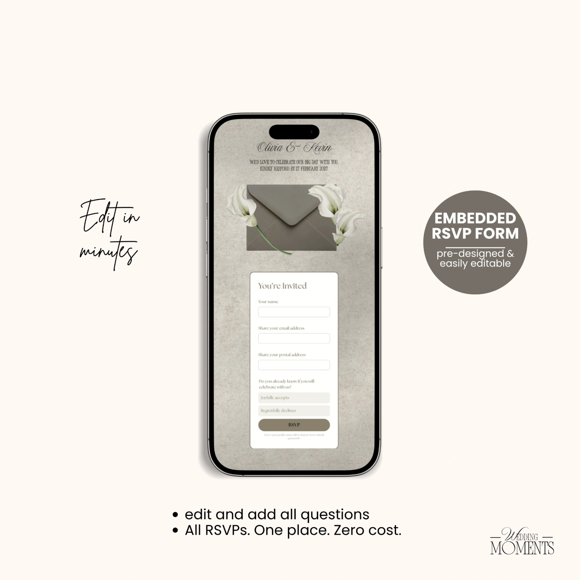 Save the Date Website Template | Floral Greige Envelope Old Money A001
