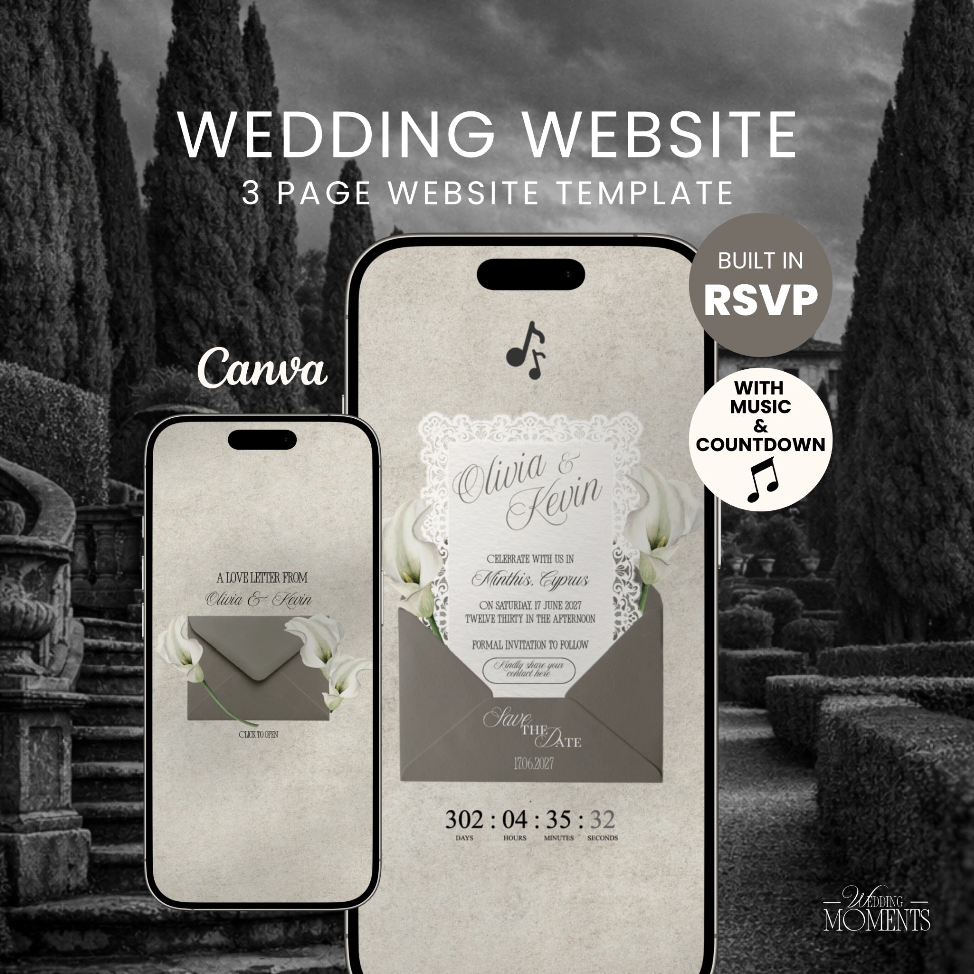 Save the Date Website Template | Floral Greige Envelope Old Money A001