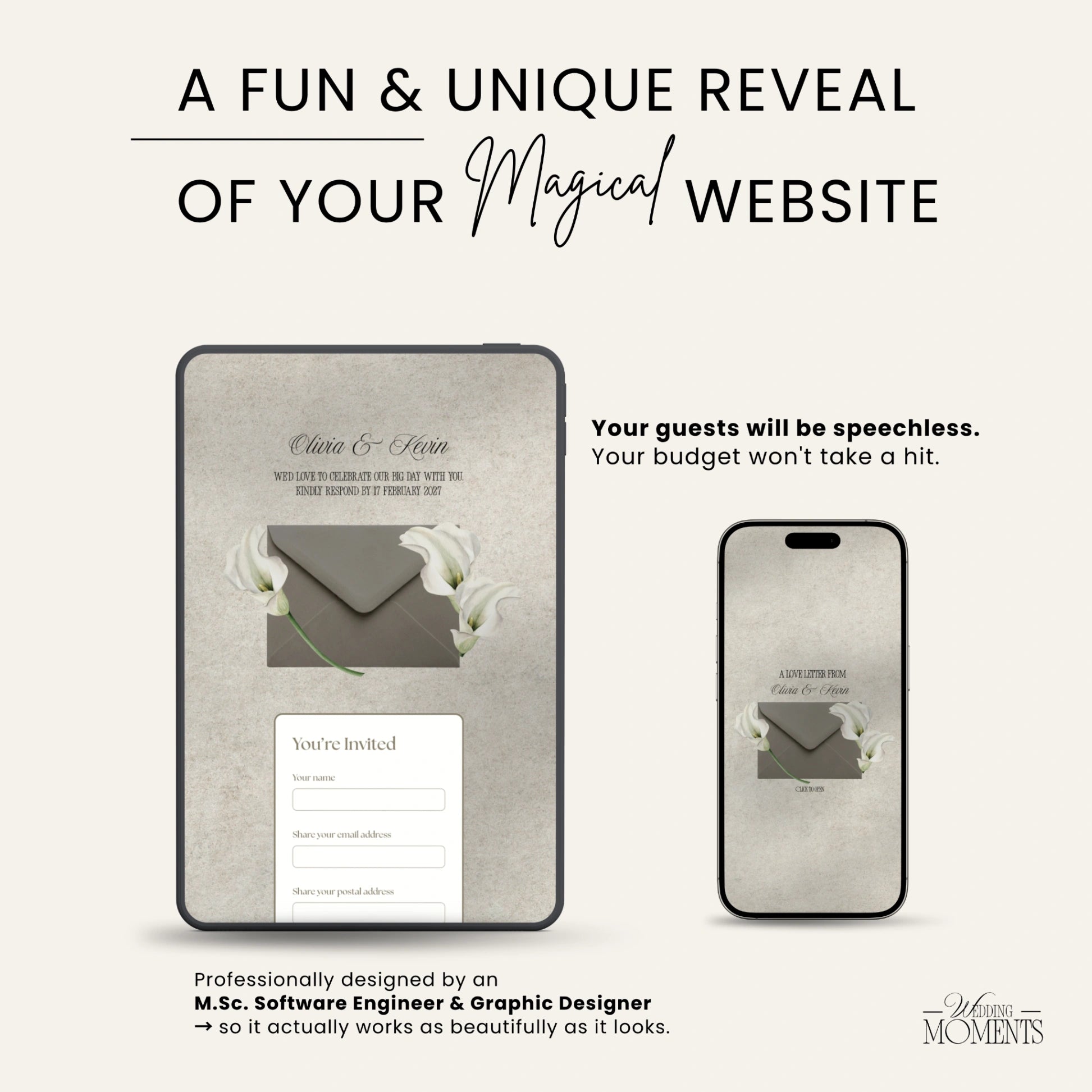 Save the Date Website Template | Floral Greige Envelope Old Money A001