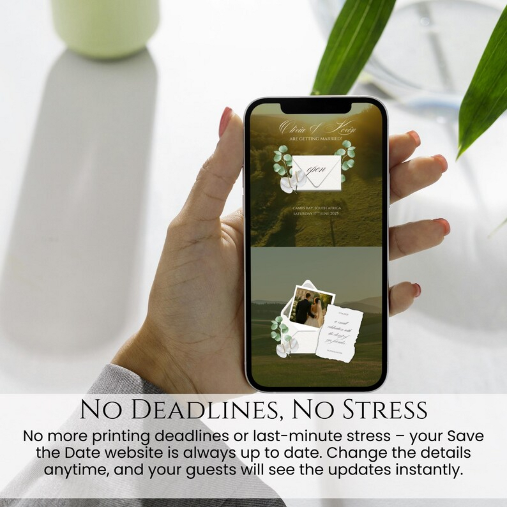 Mobile view of digital Save the Date invitation showing envelope and eucalyptus on green hills; edits update instantly for guests.