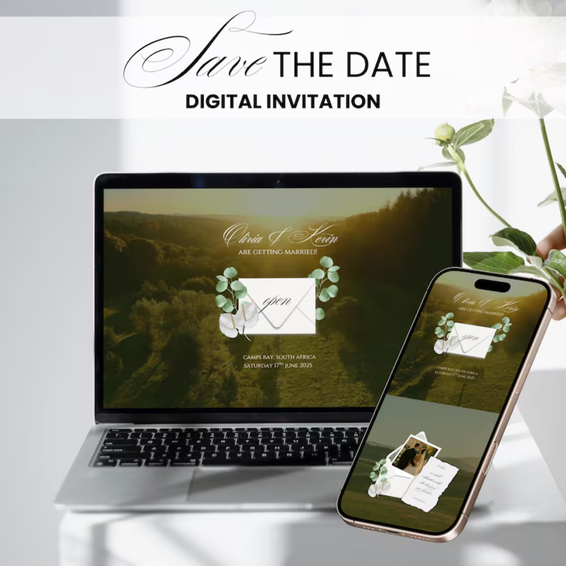 Save the Date wedding website with interactive envelope on countryside greenery background in old money green, mobile and laptop preview.