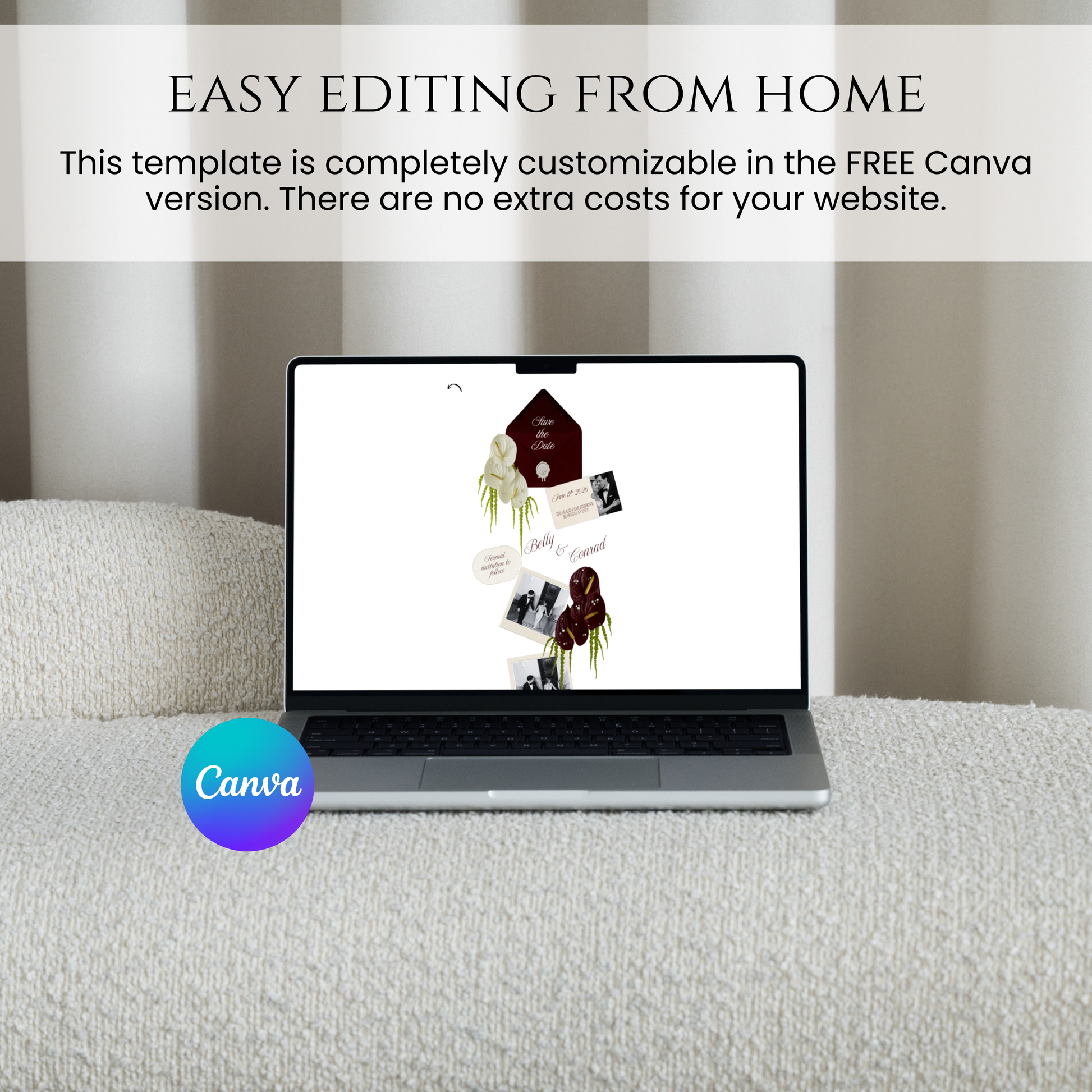 Laptop displaying a fully customizable burgundy save the date website with dark floral illustrations.