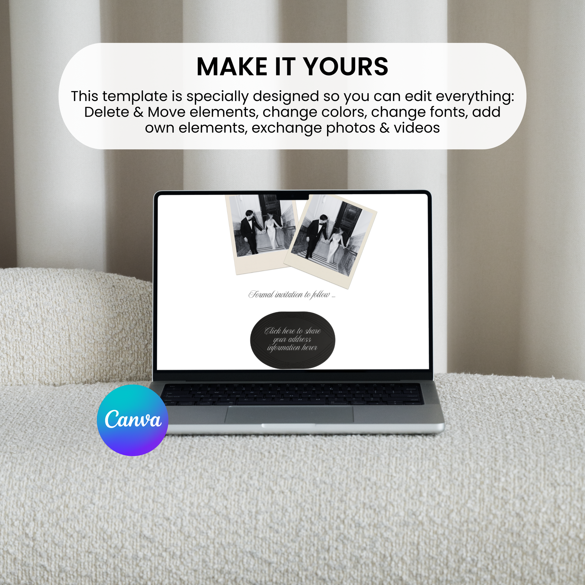 Modern wedding website interface showing customizable colors, fonts, and polaroid photos.