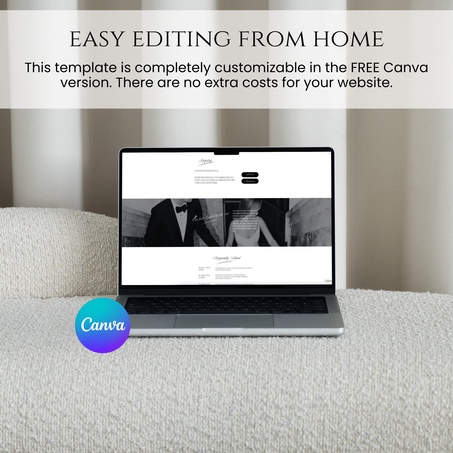 template	Laptop showing a customizable wedding registry and FAQ section using the free version of Canva.