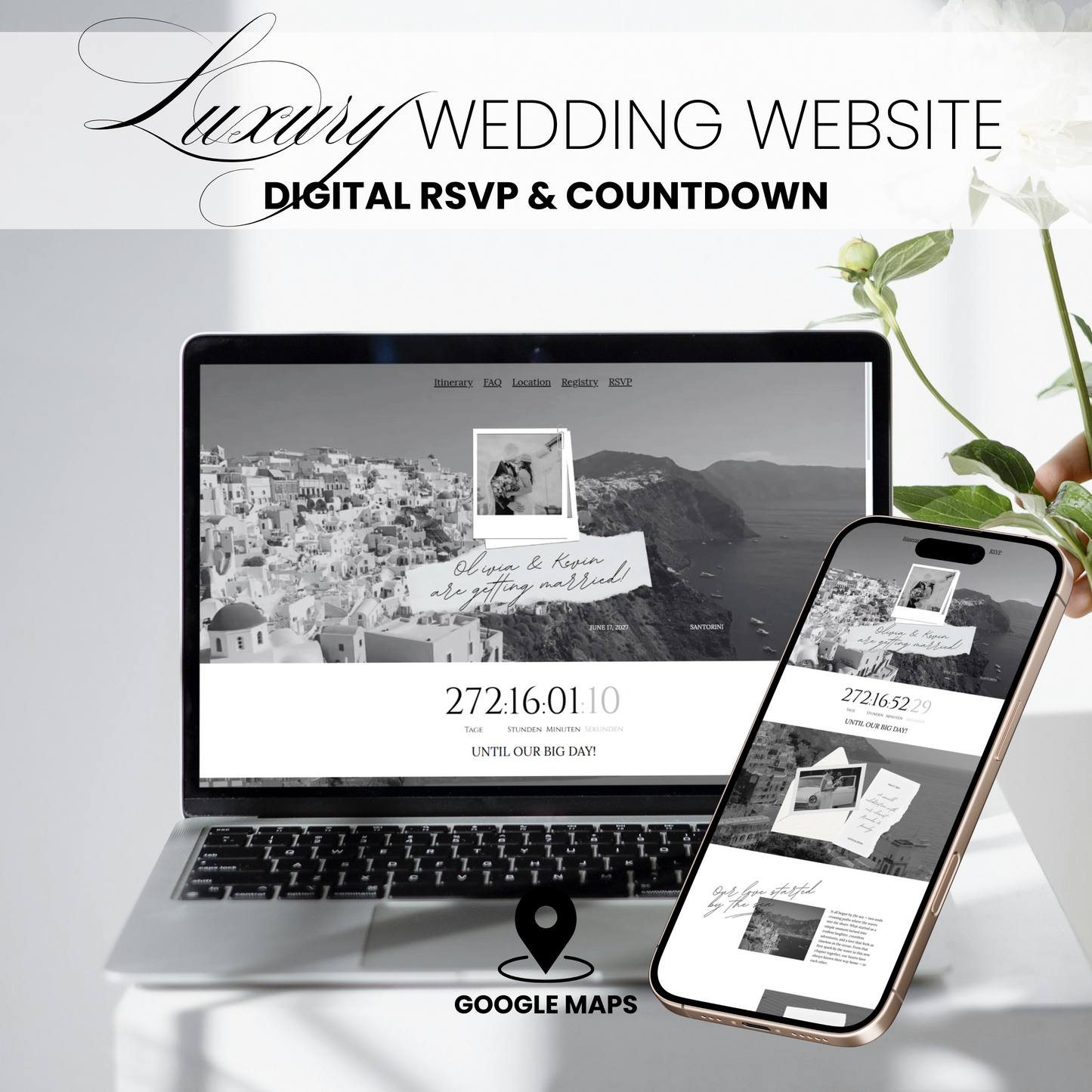 Destination Black and White Wedding Website Template with RSVP and countdown across devices