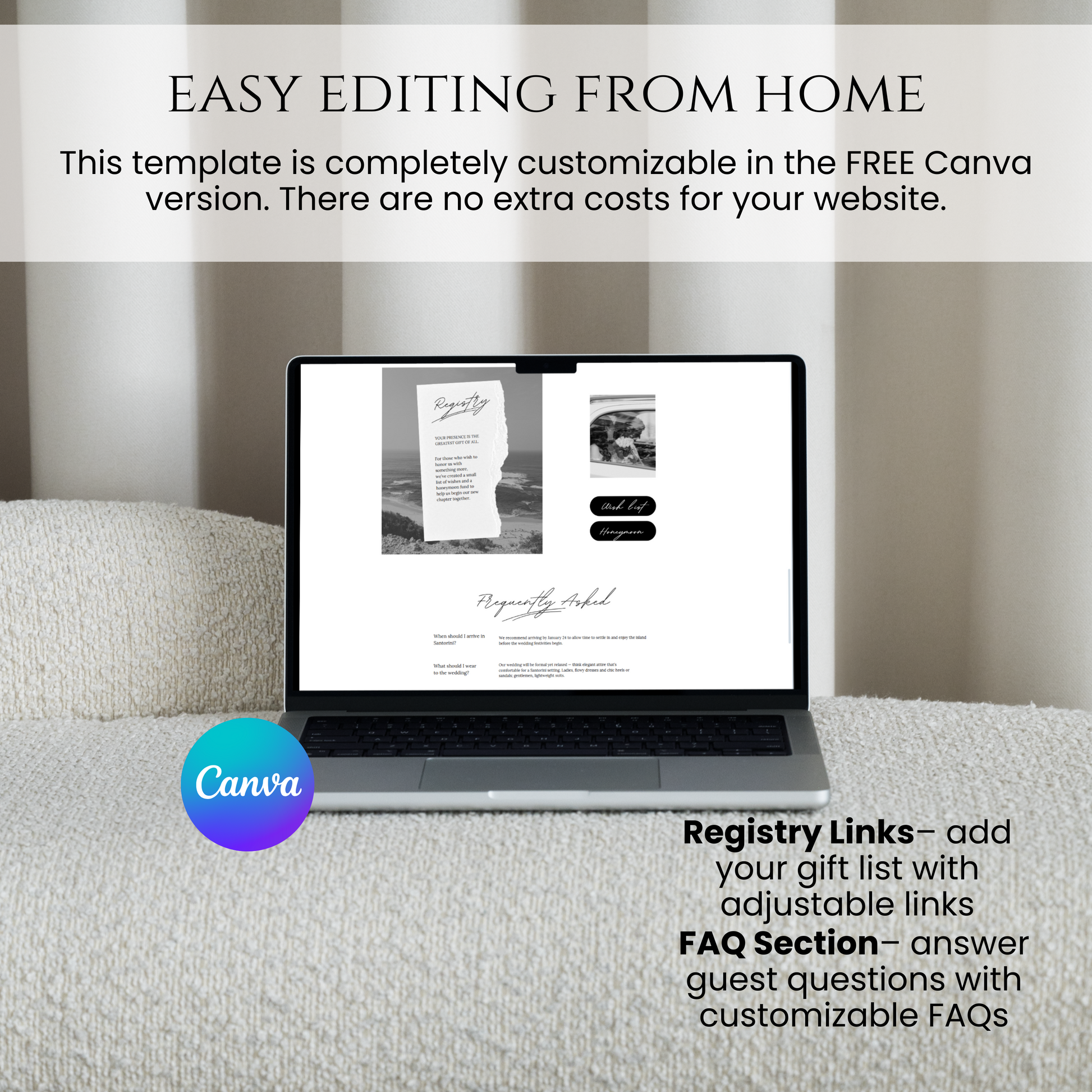 Destination Black and White Wedding Website Template easy editing from home in Canva