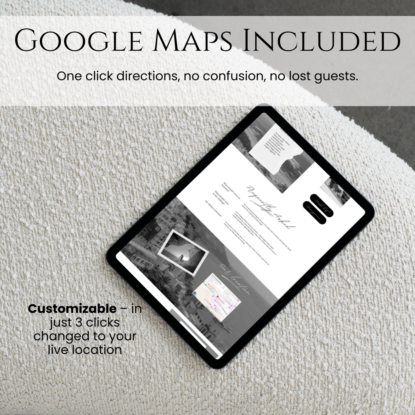Destination Black and White Wedding Website Template with integrated Google Maps for directions