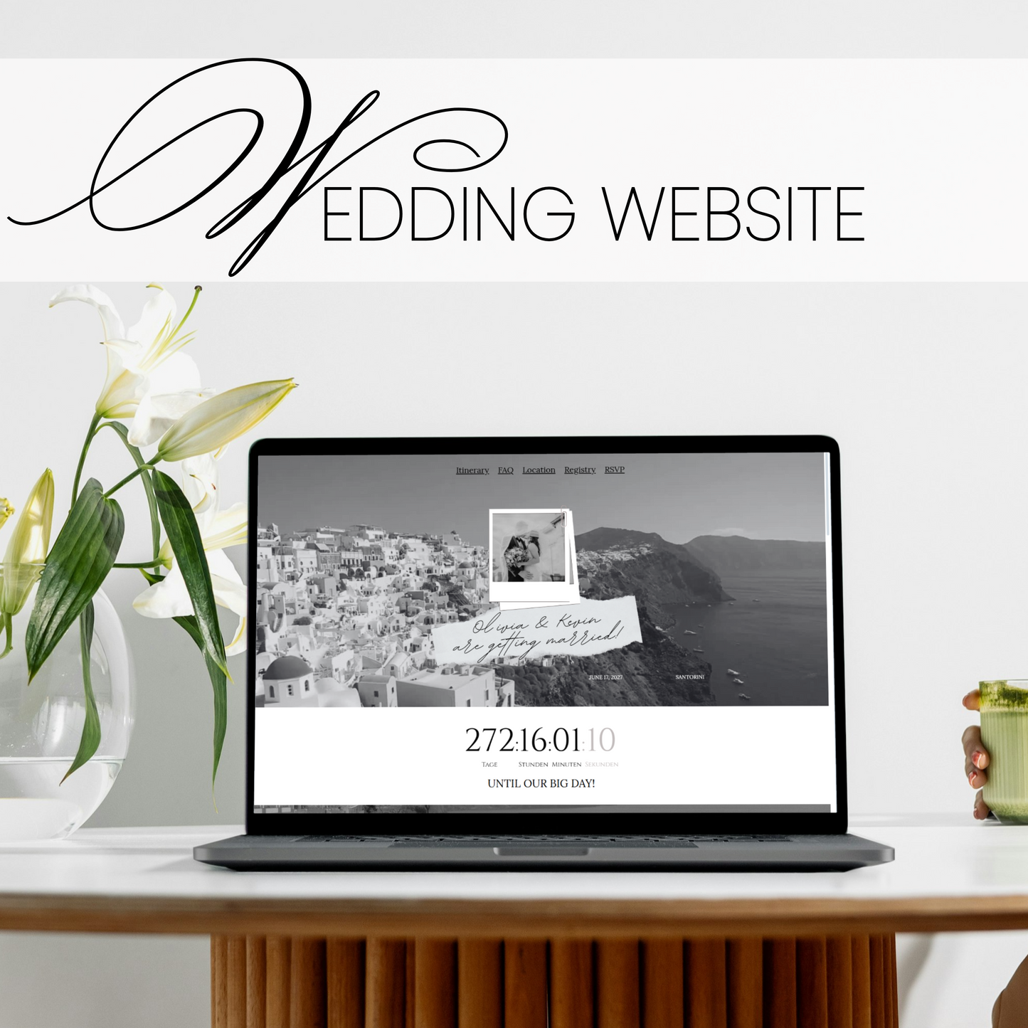 Destination Black and White Wedding Website Template laptop view homepage with countdown