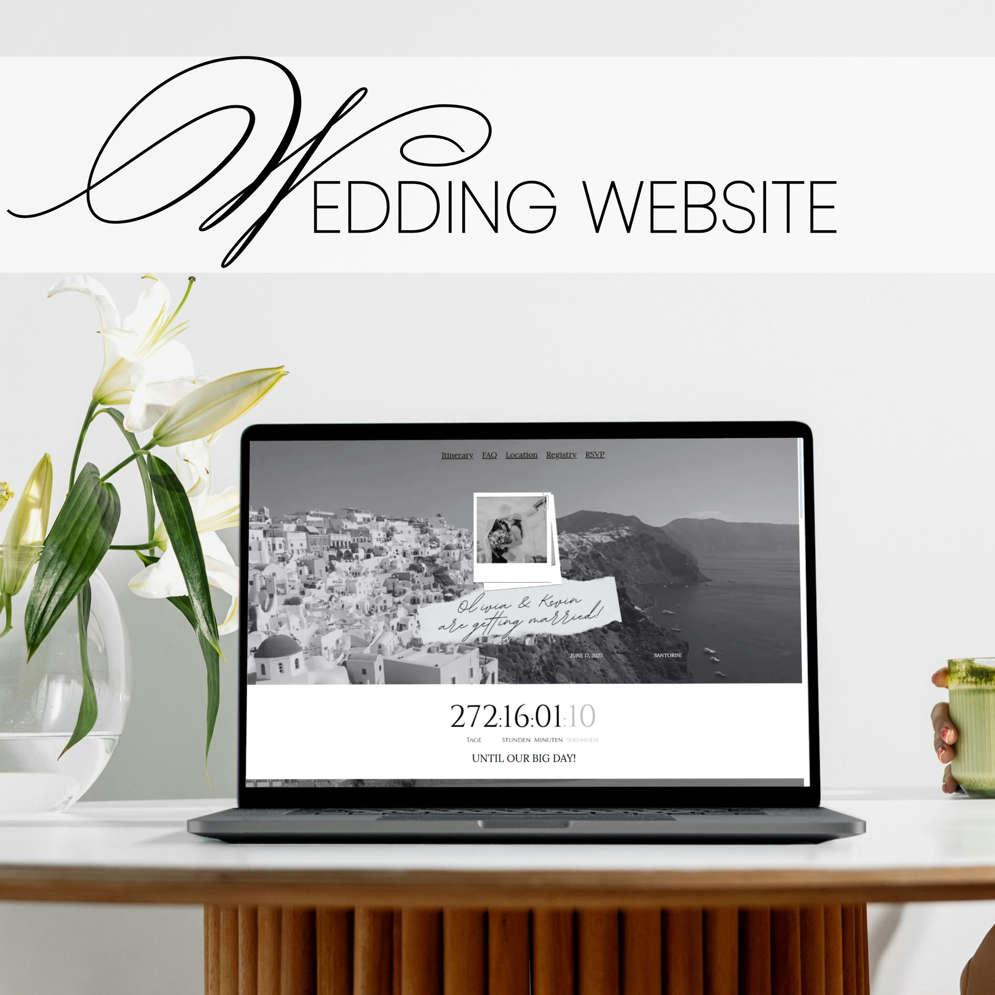 Destination Black and White Wedding Website Template laptop view homepage with countdown