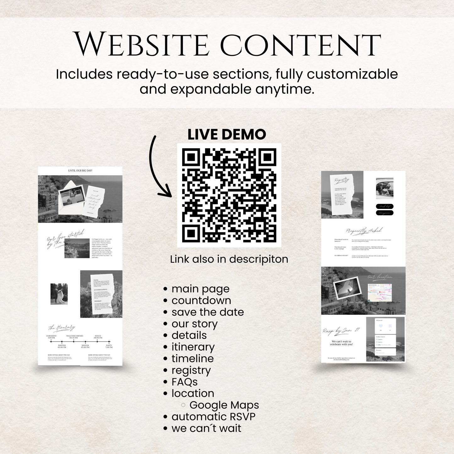 Destination Black and White Wedding Website Template content overview with live demo QR code