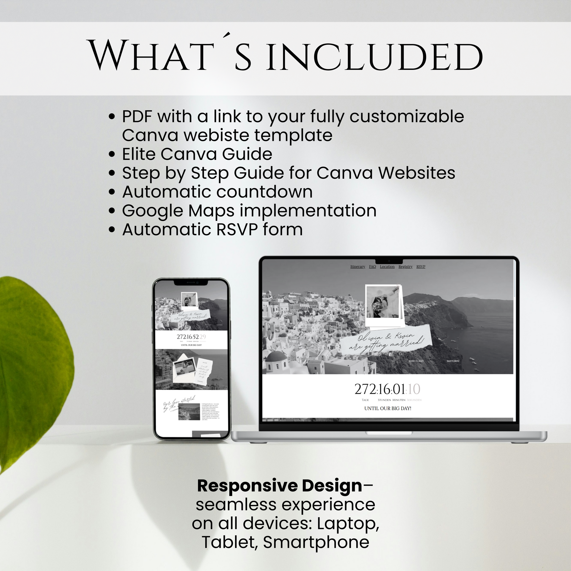 Destination Black and White Wedding Website Canva Template features included like countdown RSVP and Google Maps