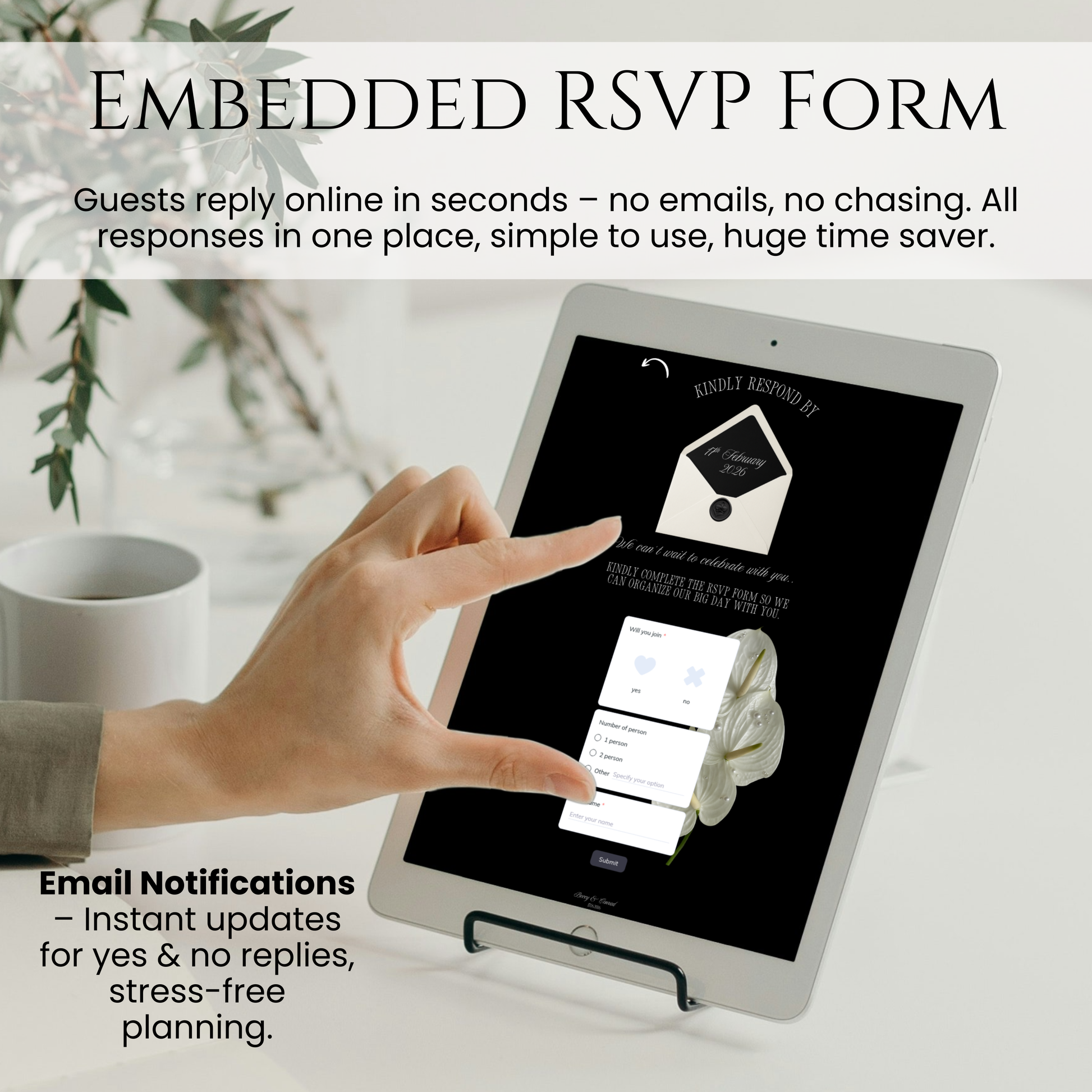 Mobile-responsive RSVP form for a black and white wedding website with clean, minimalist design.
