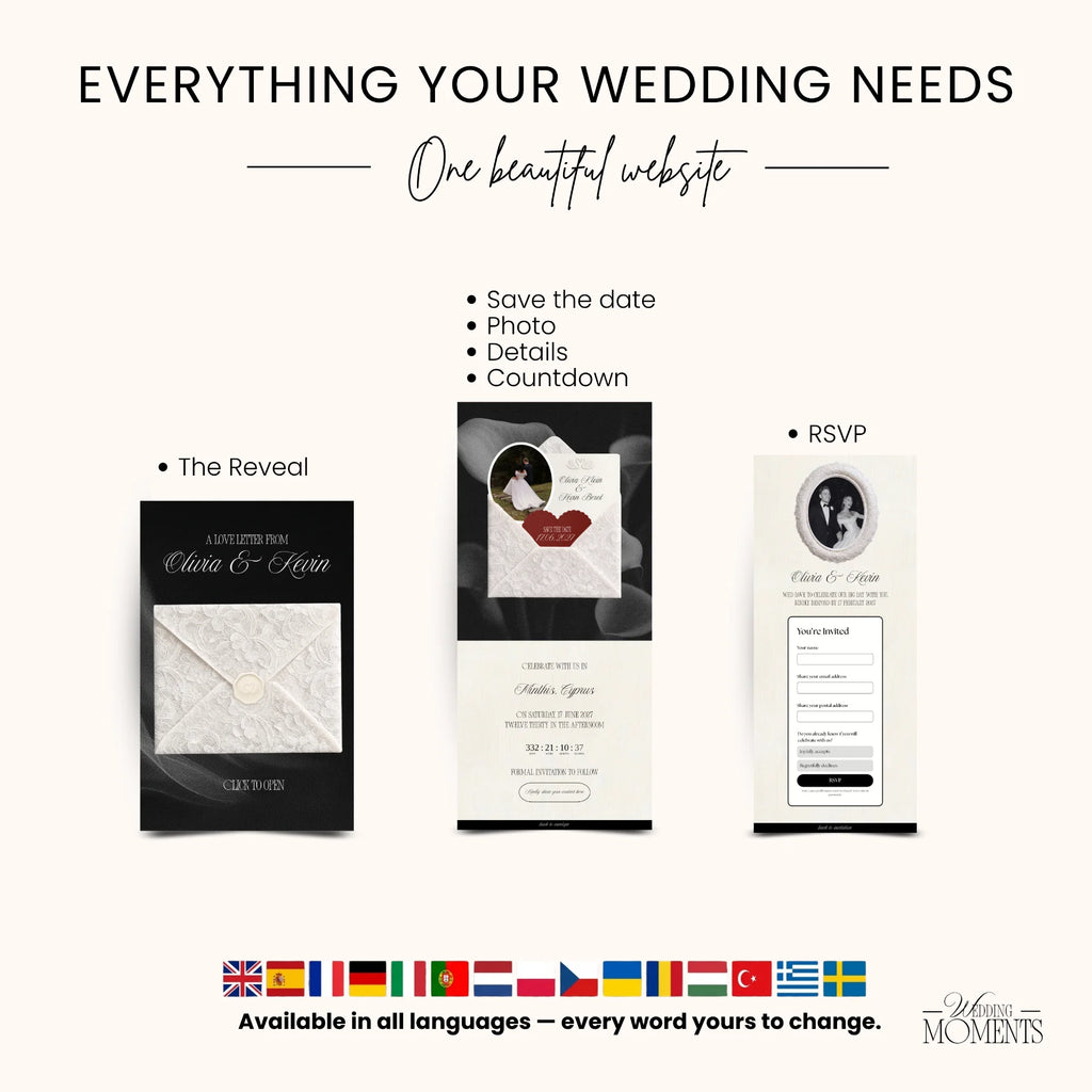 Save the Date Website Template | Black and White Old Money E001 Wedding Moments Digital Download Wedding Moments
