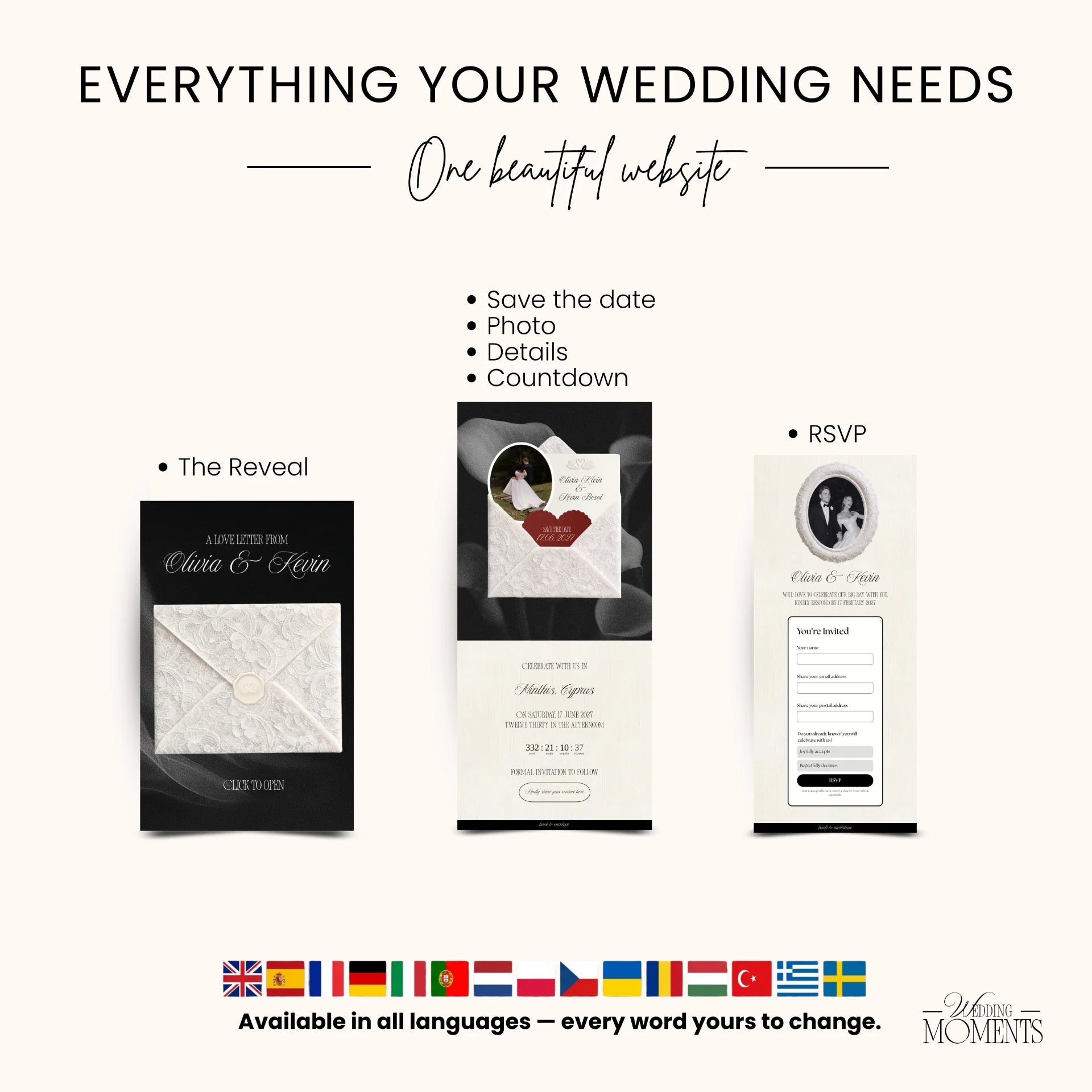 Save the Date Website Template | Black and White Old Money E001 Wedding Moments Digital Download Wedding Moments