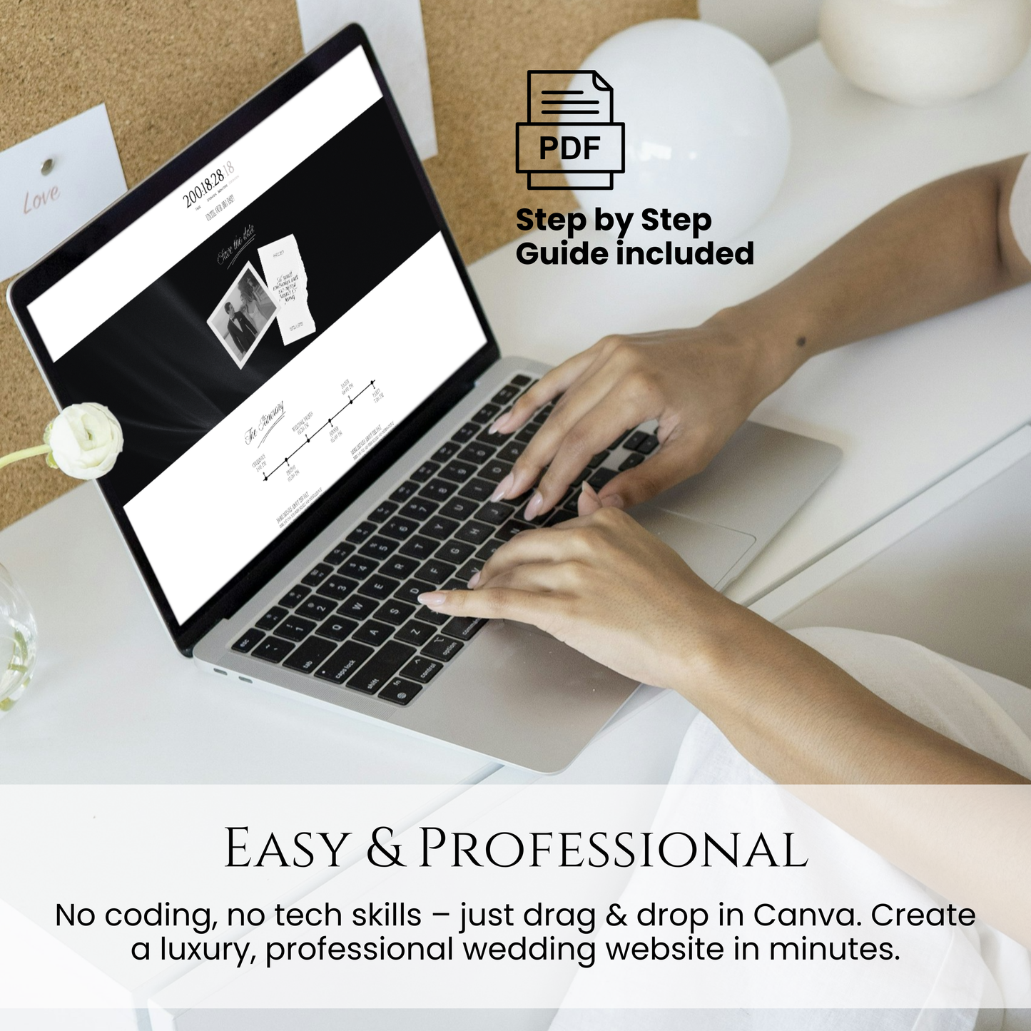 User editing a luxury wedding template in Canva using simple drag-and-drop features.