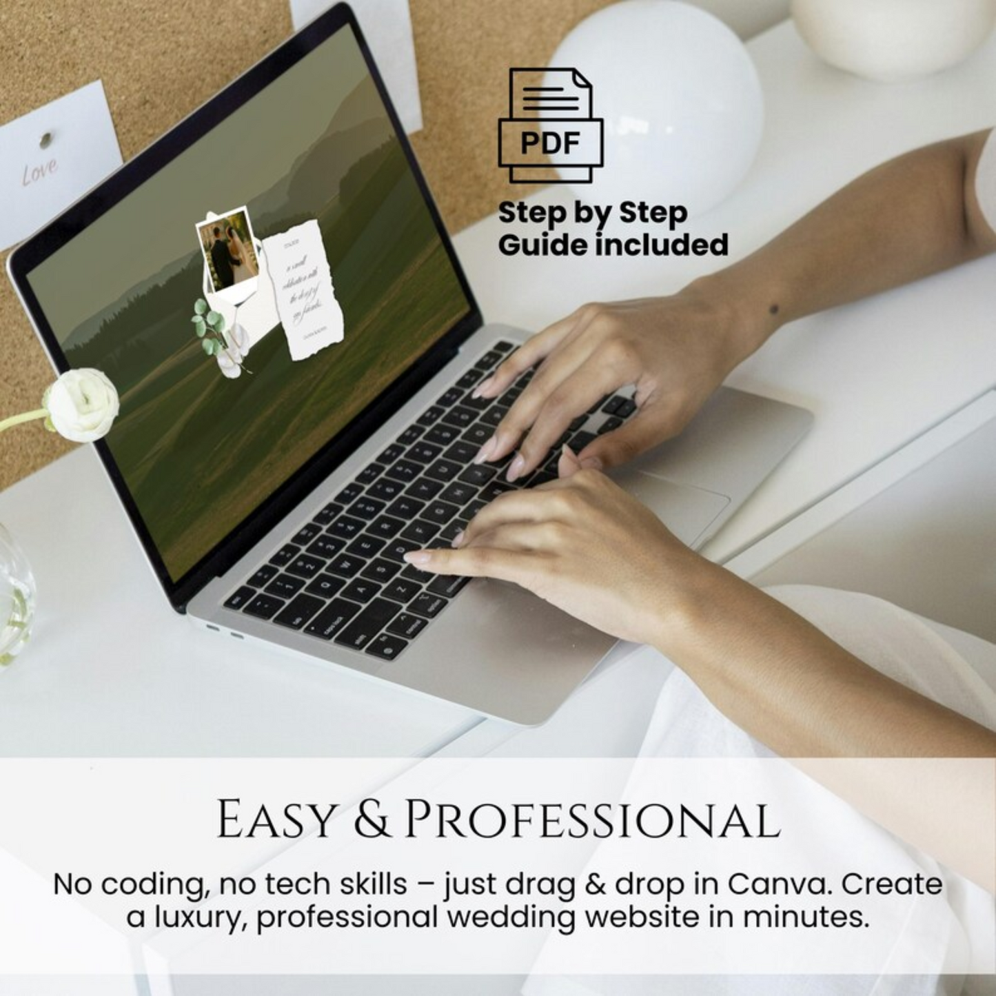 Editing the Save the Date website in Canva on a laptop; drag and drop, no coding, professional wedding website in minutes.