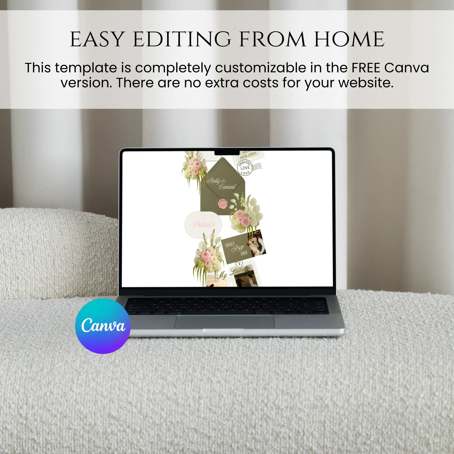 Easy editing of olive green wedding website template from home using Canva