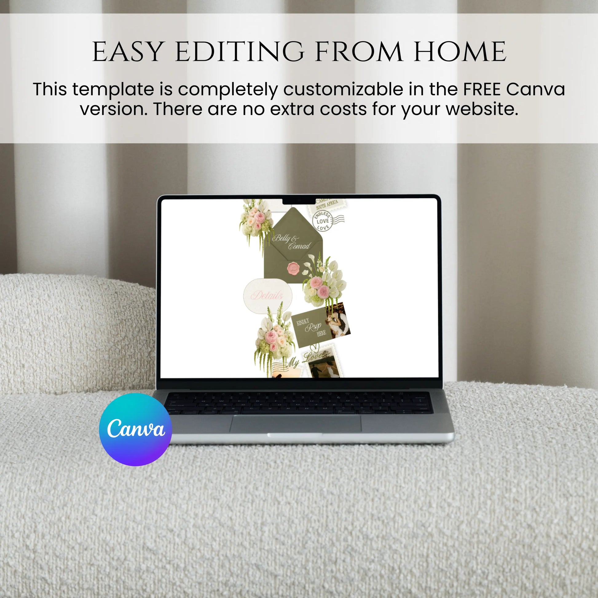 Easy editing of olive green wedding website template from home using Canva