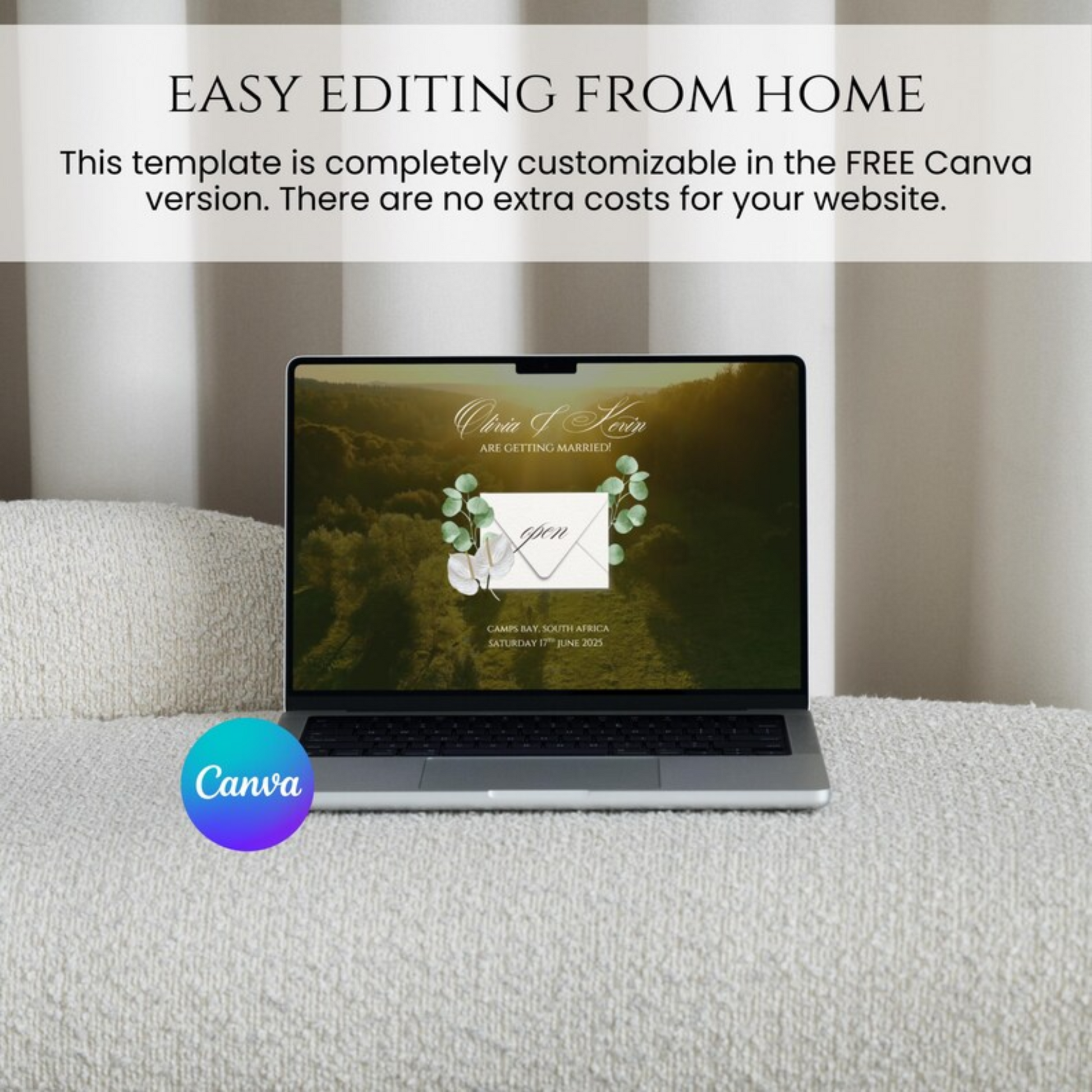 Home editing view of Save the Date landing screen with envelope and greenery; fully customizable in free Canva version.