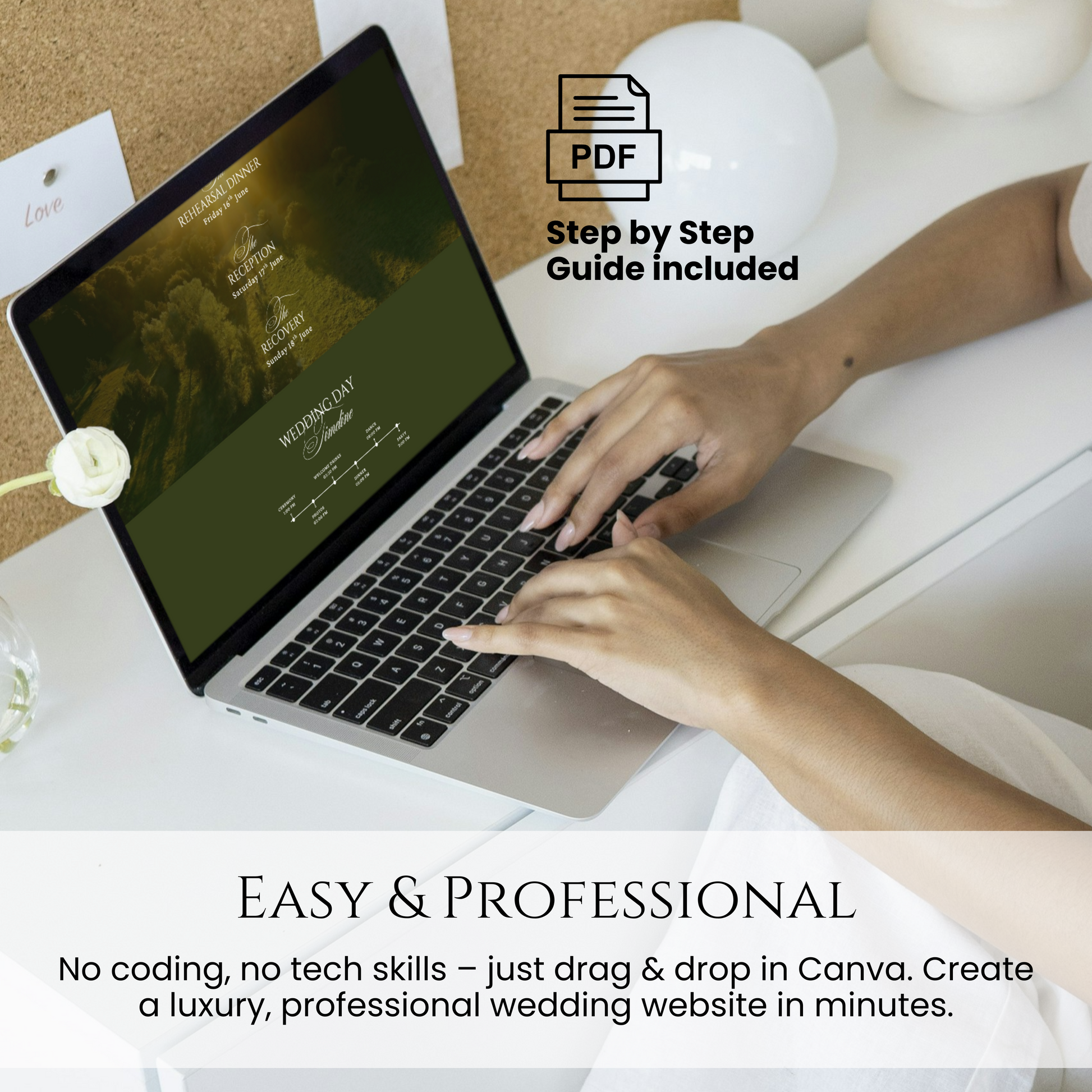 Easy professional Canva wedding website template on laptop with step-by-step PDF guide included.