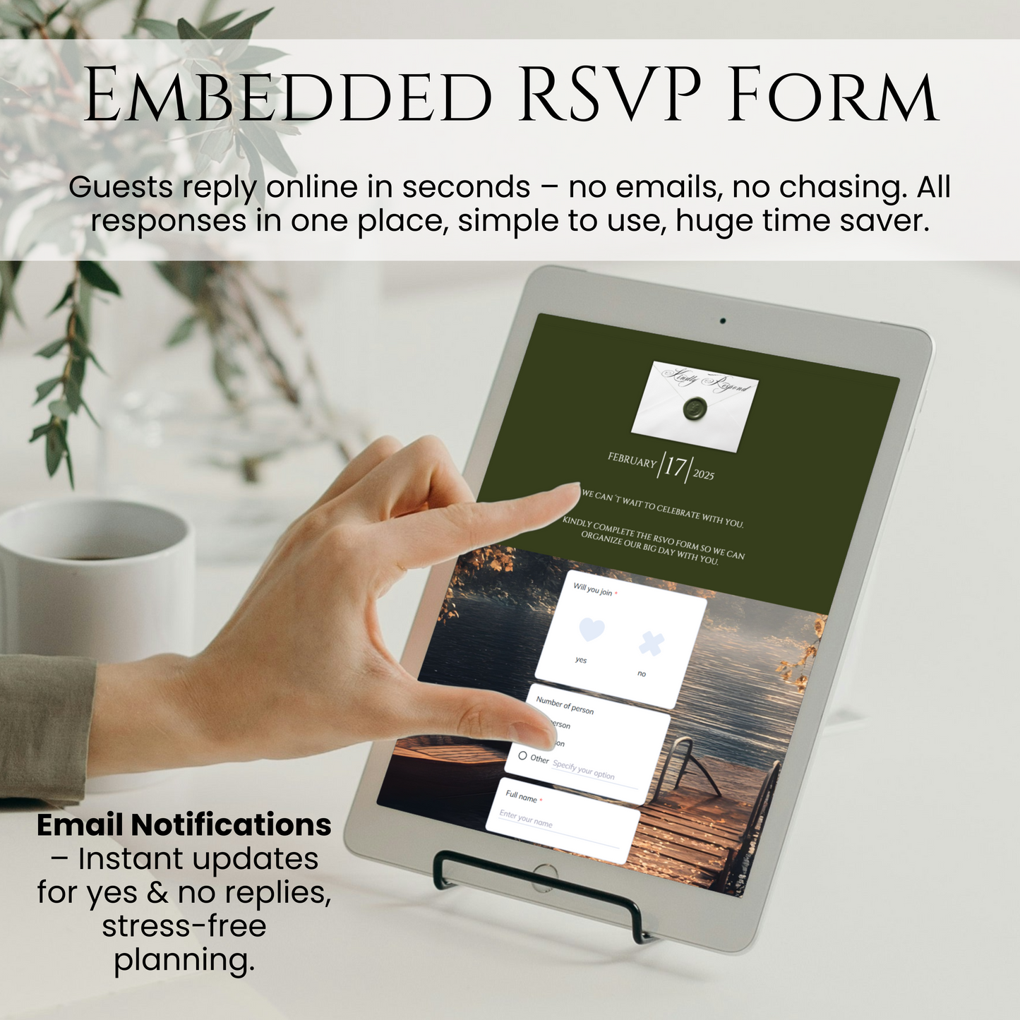 Embedded RSVP form in Canva wedding website template, tablet view with instant email notifications.