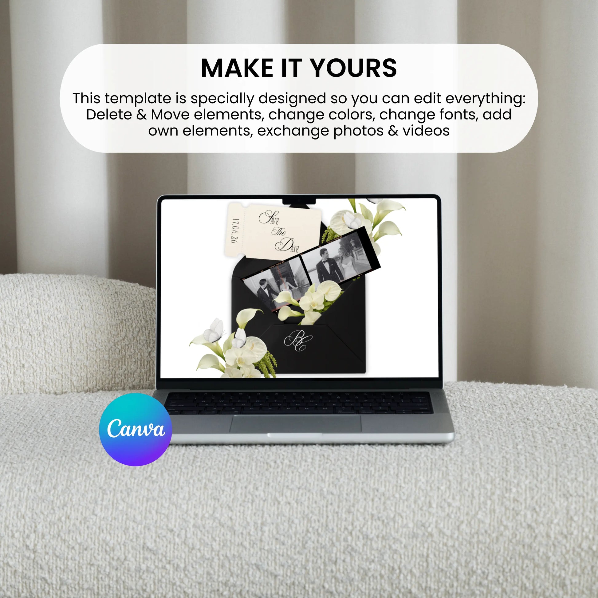 Editable black envelope wedding website template in Canva