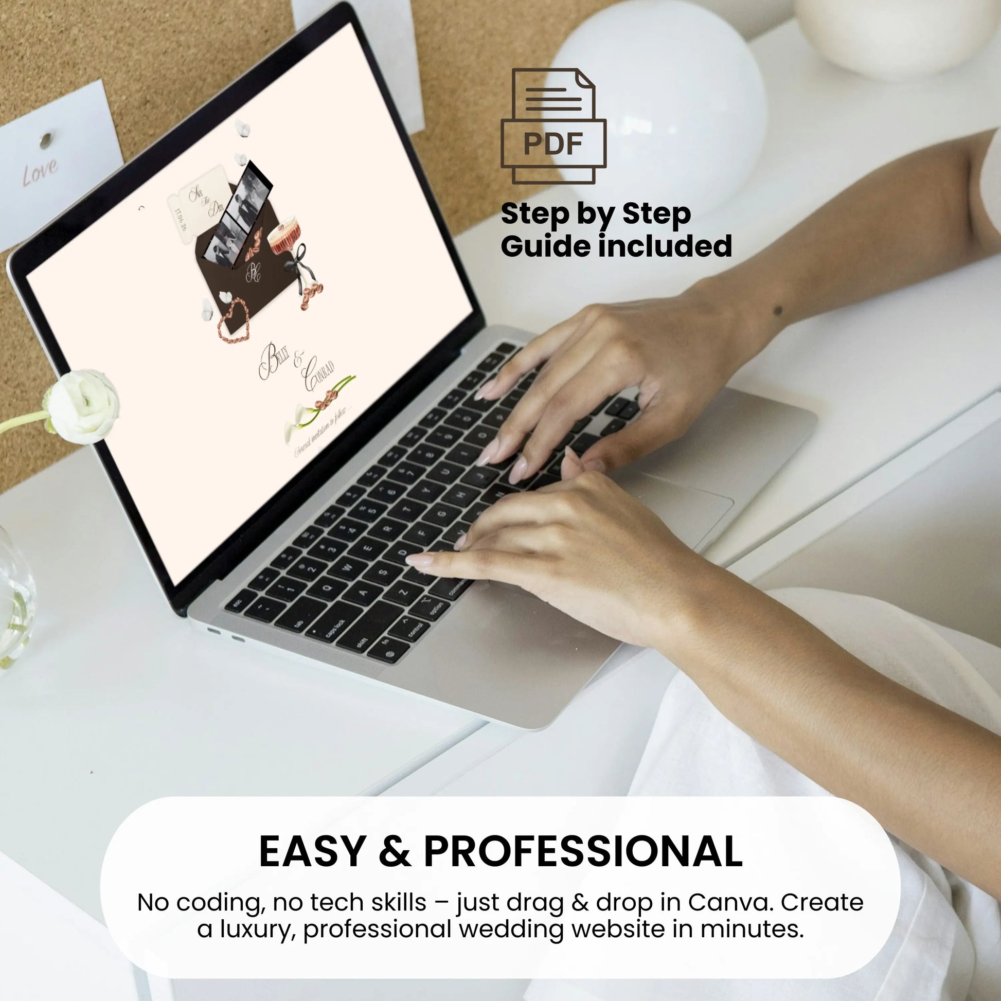 Editable Canva wedding website template shown on laptop